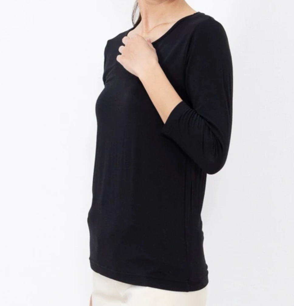 椿オイル加工　しっとりインナー7分袖Tシャツ　-ブラック- ※5/21〜27頃より順次配送予定