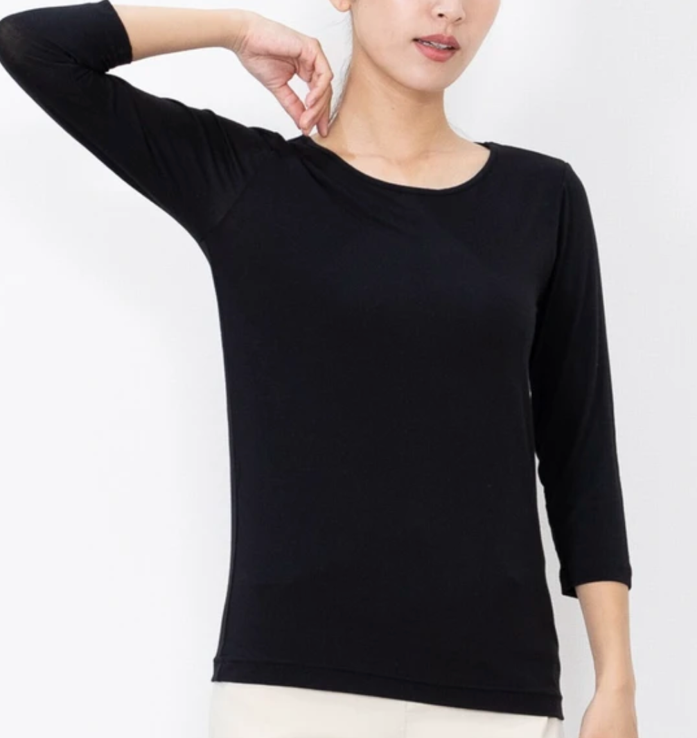 椿オイル加工　しっとりインナー7分袖Tシャツ　-ブラック- ※5/21〜27頃より順次配送予定