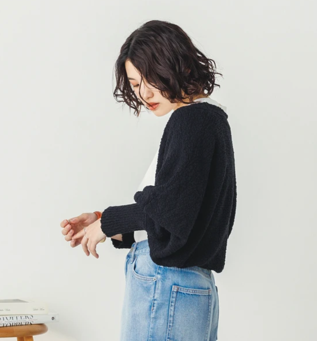 【hunch】ブークレMIXヤーン天竺裏使い ニットボレロ   -ブラック-　※3月26日~4月1日迄に順次発送予定