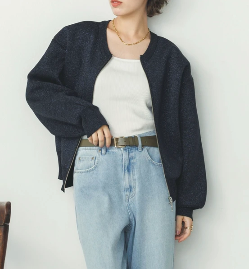 【hunch】ジャガード編み ジップショートカーディガン 　-ブラック【ラメあり】‐　※3月26日~4月1日迄に順次発送予定