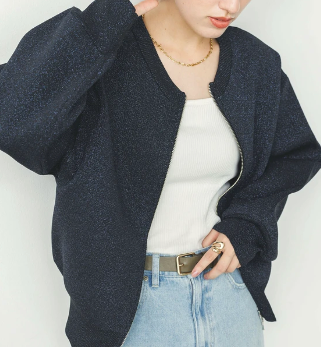 【hunch】ジャガード編み ジップショートカーディガン 　-ブラック【ラメあり】‐　※3月26日~4月1日迄に順次発送予定