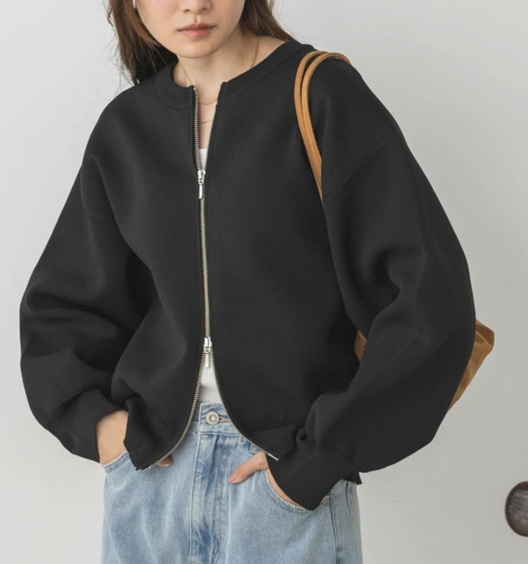 【hunch】ジャガード編み ジップショートカーディガン 　-ブラック【ラメなし】‐　※3月26日~4月1日迄に順次発送予定
