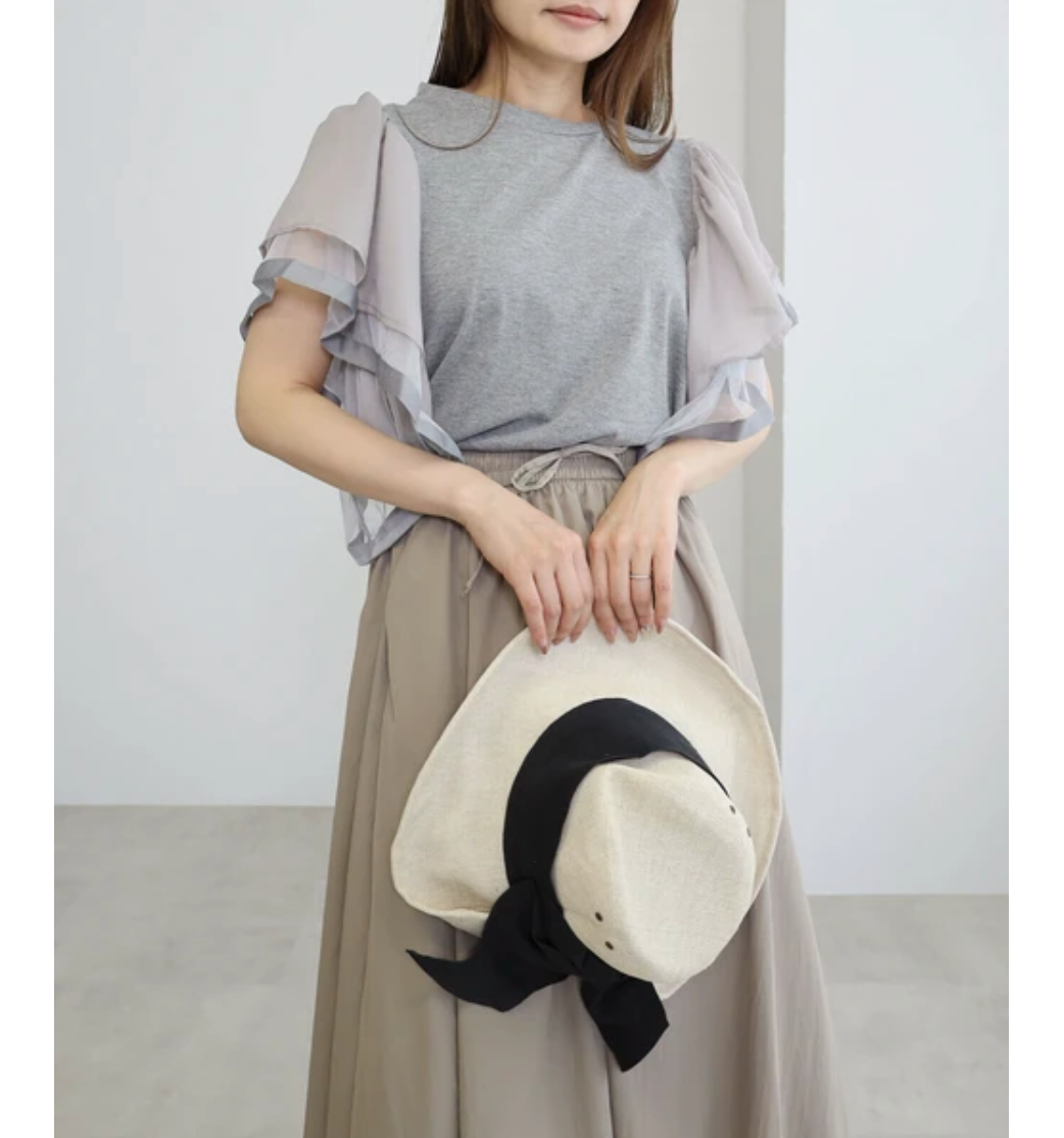 袖シアーフリルブラウスTシャツ  -グレー-　※4/30~5/6頃より頃順次配送