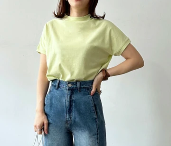 綿天竺プチハイネックTシャツ　-グリーン-　※6/25~7/1頃より順次配送予定