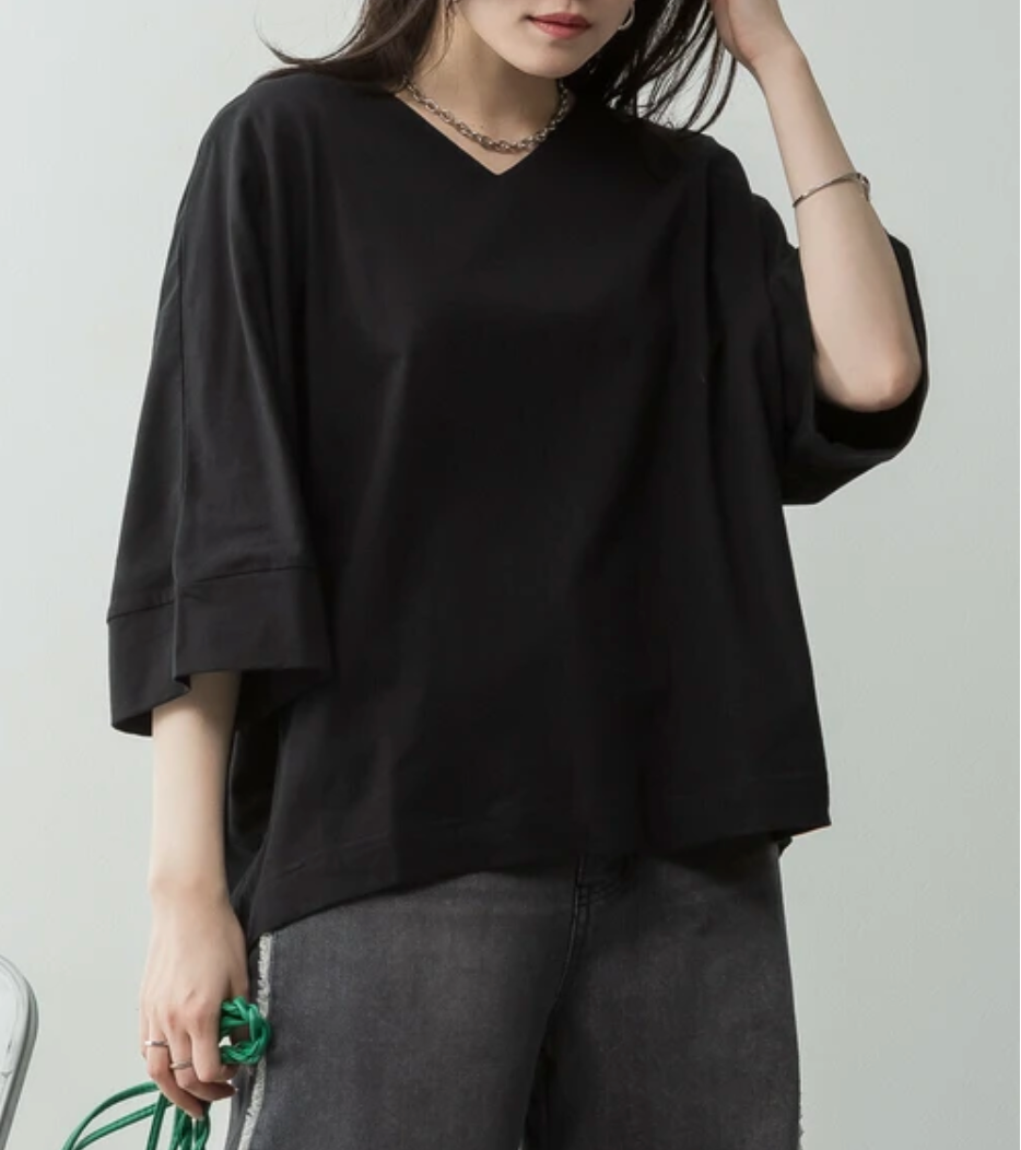 Vネック7分袖ドルマンTシャツ　-ブラック-　※6/25-7/1迄に順次発送予定