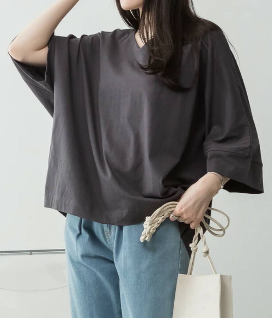 Vネック7分袖ドルマンTシャツ　-チャコールグレー-　※6/25-7/1迄に順次発送予定