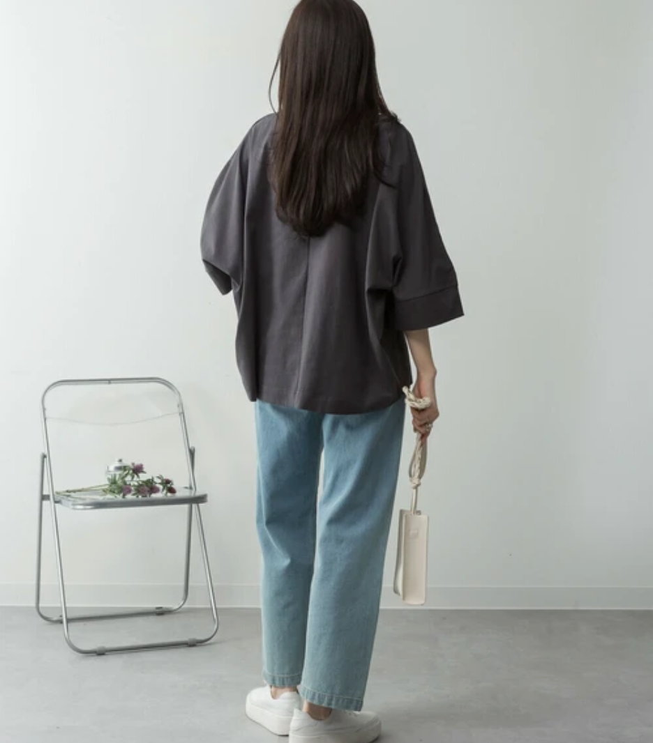 Vネック7分袖ドルマンTシャツ　-チャコールグレー-　※6/25-7/1迄に順次発送予定