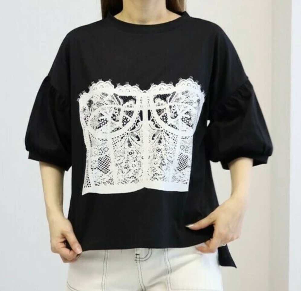 袖シャーリングTシャツ　-ブラック-　※7/9〜15迄に順次発送予定