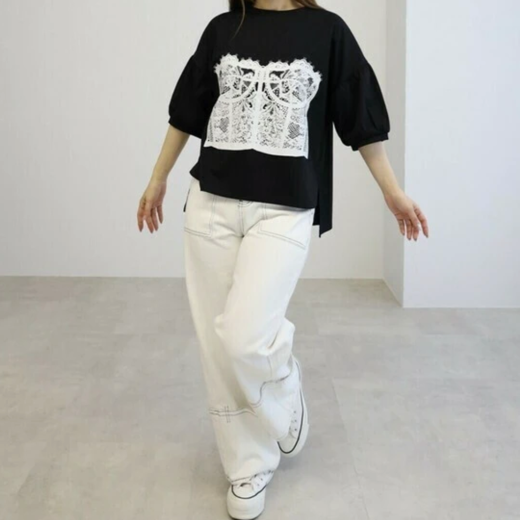 袖シャーリングTシャツ　-ブラック-　※7/9〜15迄に順次発送予定