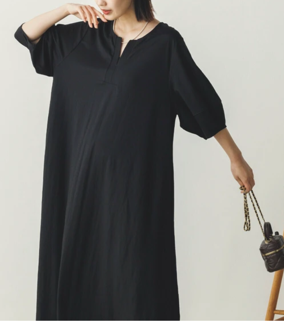 接触冷感ボリューム袖Aラインワンピース -ブラック-　※7/23〜29迄に順次発送予定