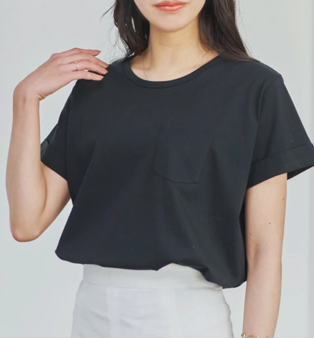ラウンドヘム胸ポケット付き 天竺Tシャツ　-ブラック-　※7/30〜8/5迄に順次発送予定