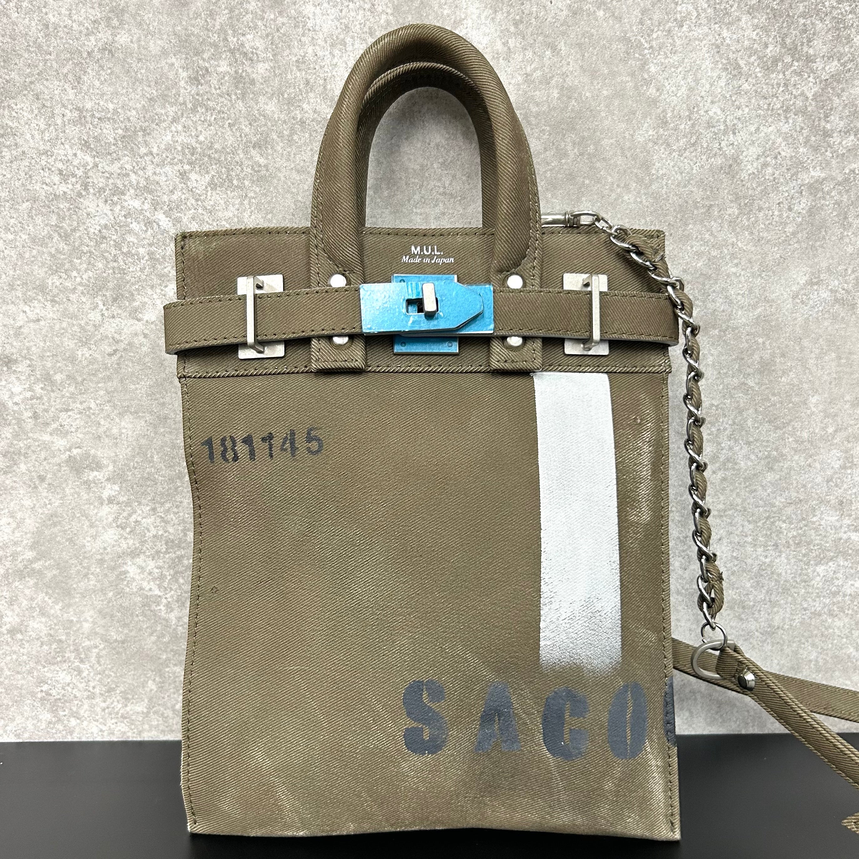 【MUL066】サコッシュSS 　デニムレザー　カーキ　ホワイトライン入り  ※7/2〜7/12より事務所から順次発送予定