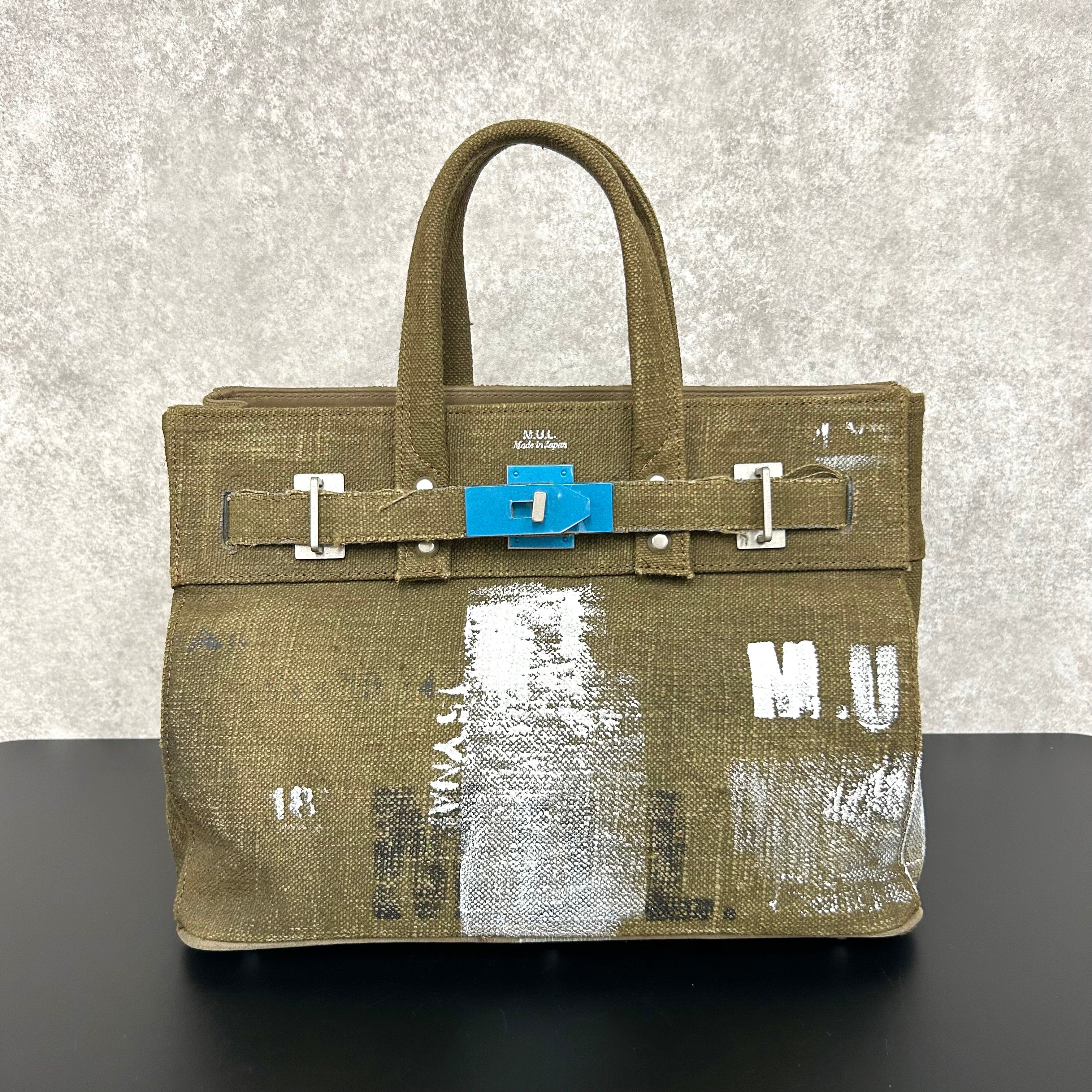 【MUL063】stud series tote S vintage remake fabic　カーキ　ペイント有り　ホワイトライン入り　※7/2〜7/12より事務所から順次発送予定