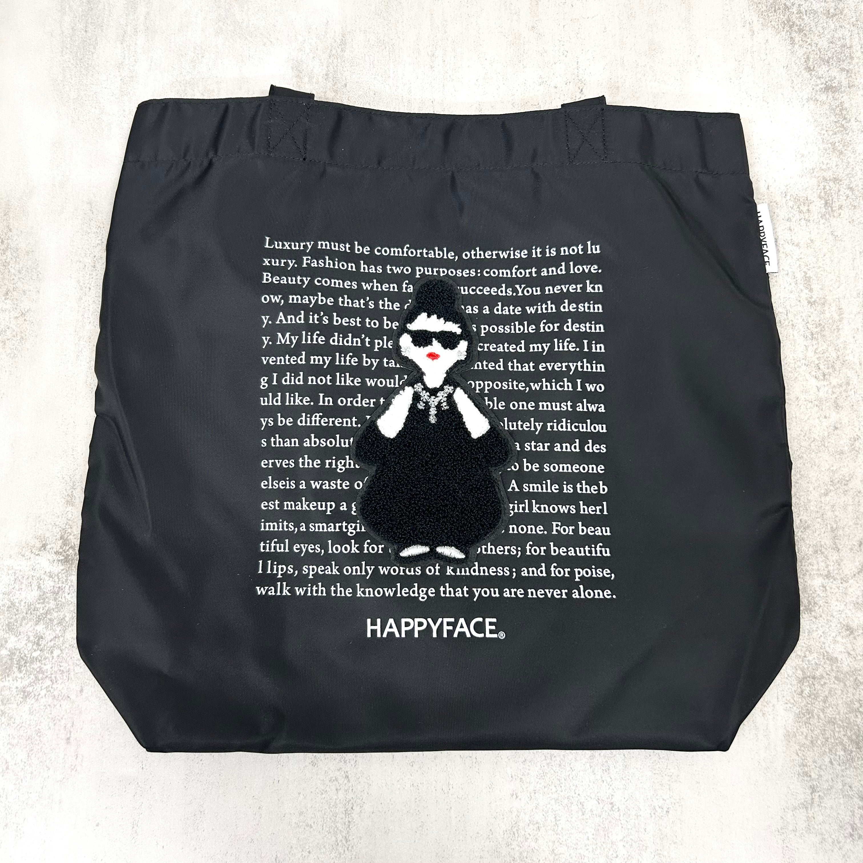 【HAPPYFACE】エマ モコモコ刺繡ナイロントートバッグ　ブラック　※10/22〜28より順次配送
