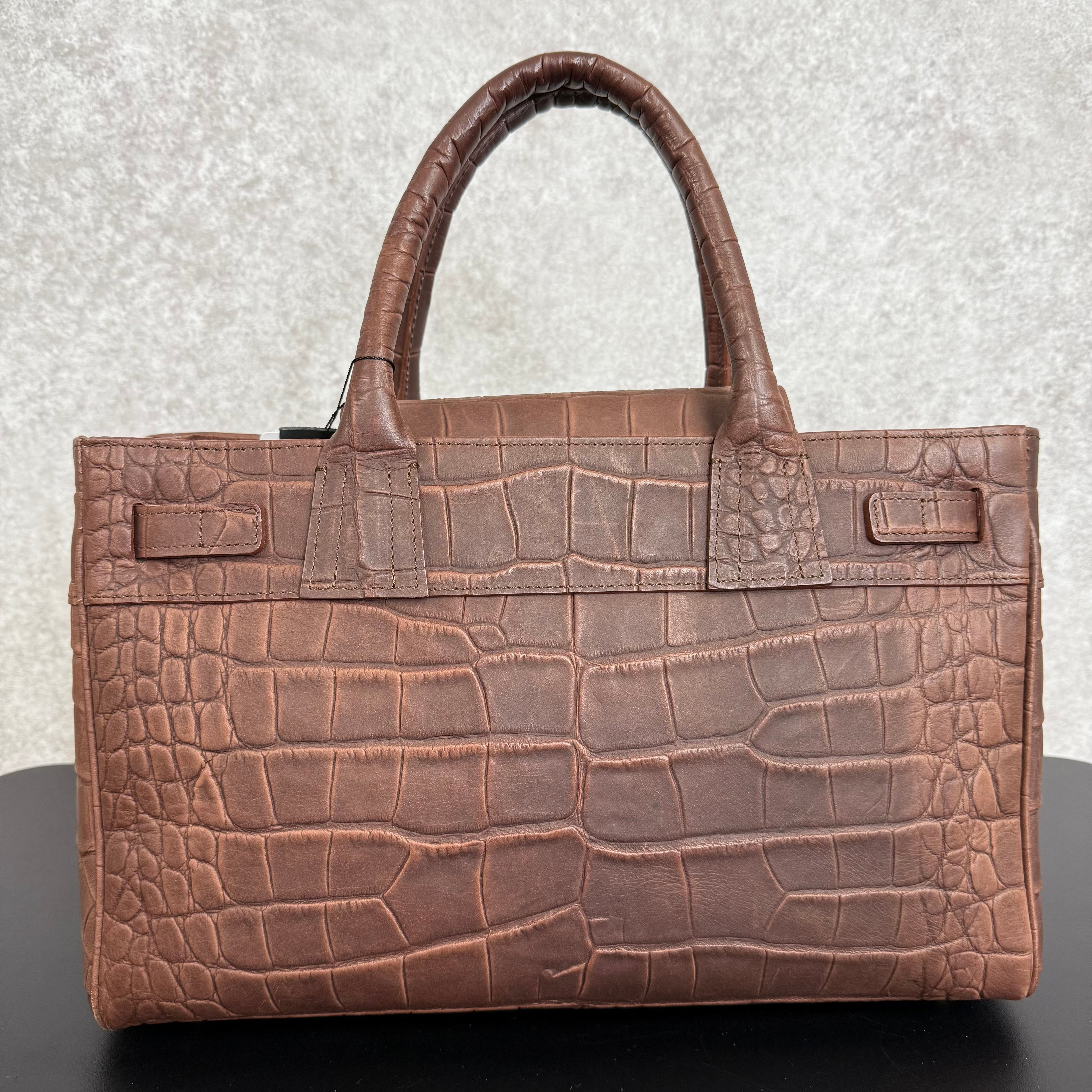 【MUL002】トートS　‐ブラウン‐　クロコダイル型押し　ゴールド金具　ゴールドライン入り　※7/2〜7/12より事務所から順次発送予定