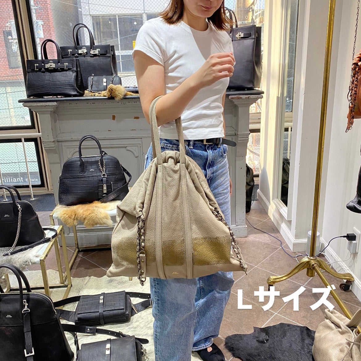 ⚠️予約【M.U.L.】トラストート シボ型押し/ゴールドライン/マットゴールドチェーン -グレージュ-　※R7. 6月末納品予定