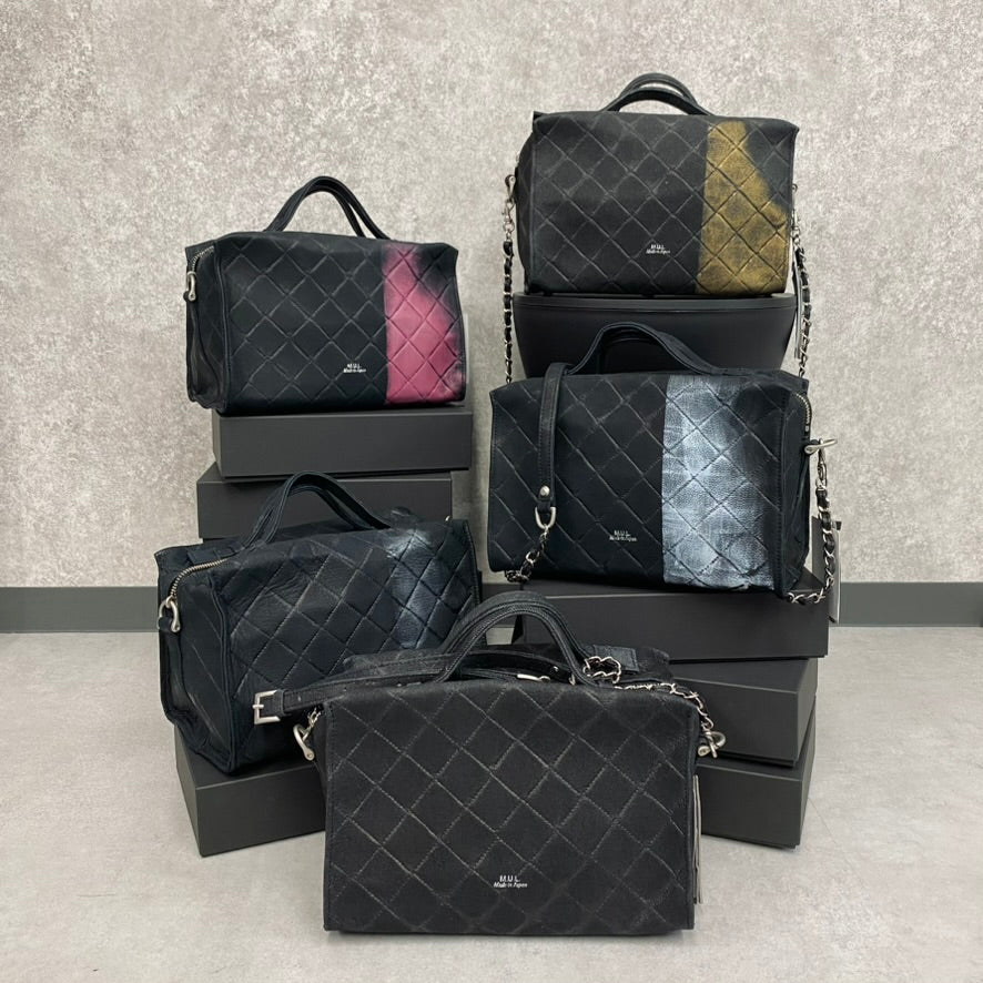 【MUL106-WH】キューブショルダー デニムレザーキルティング(ブラック) ホワイトライン　※10/29〜11/2より弊社事務所から順次発送