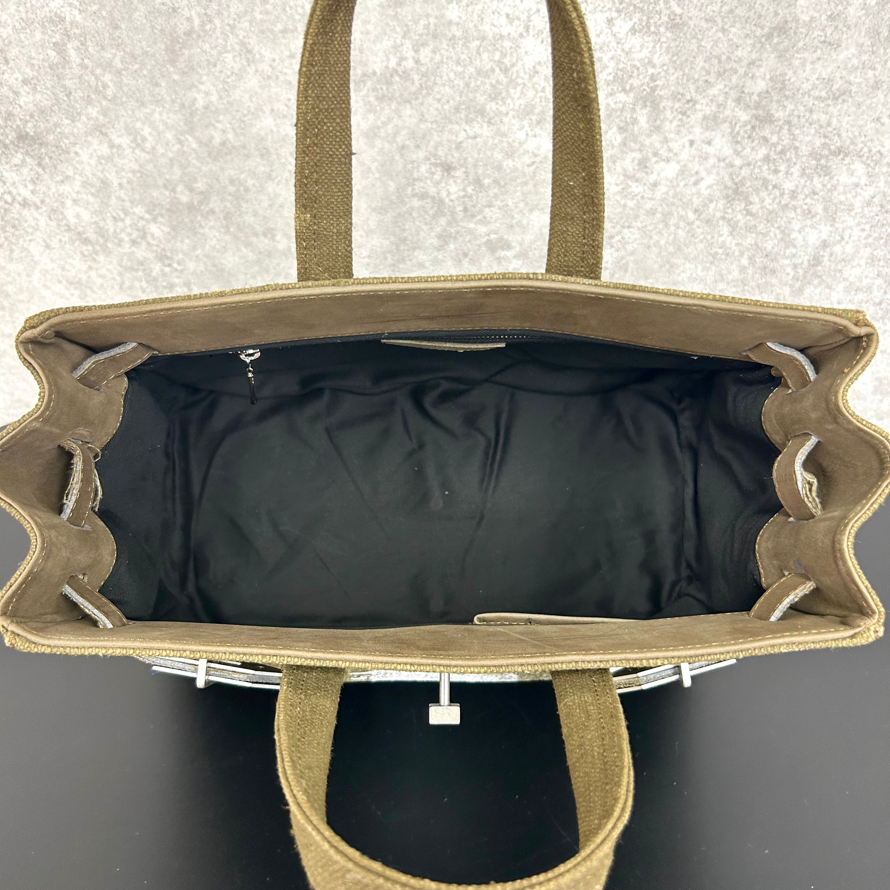 【MUL063】stud series tote S vintage remake fabic　カーキ　ペイント有り　ホワイトライン入り　※7/2〜7/12より事務所から順次発送予定