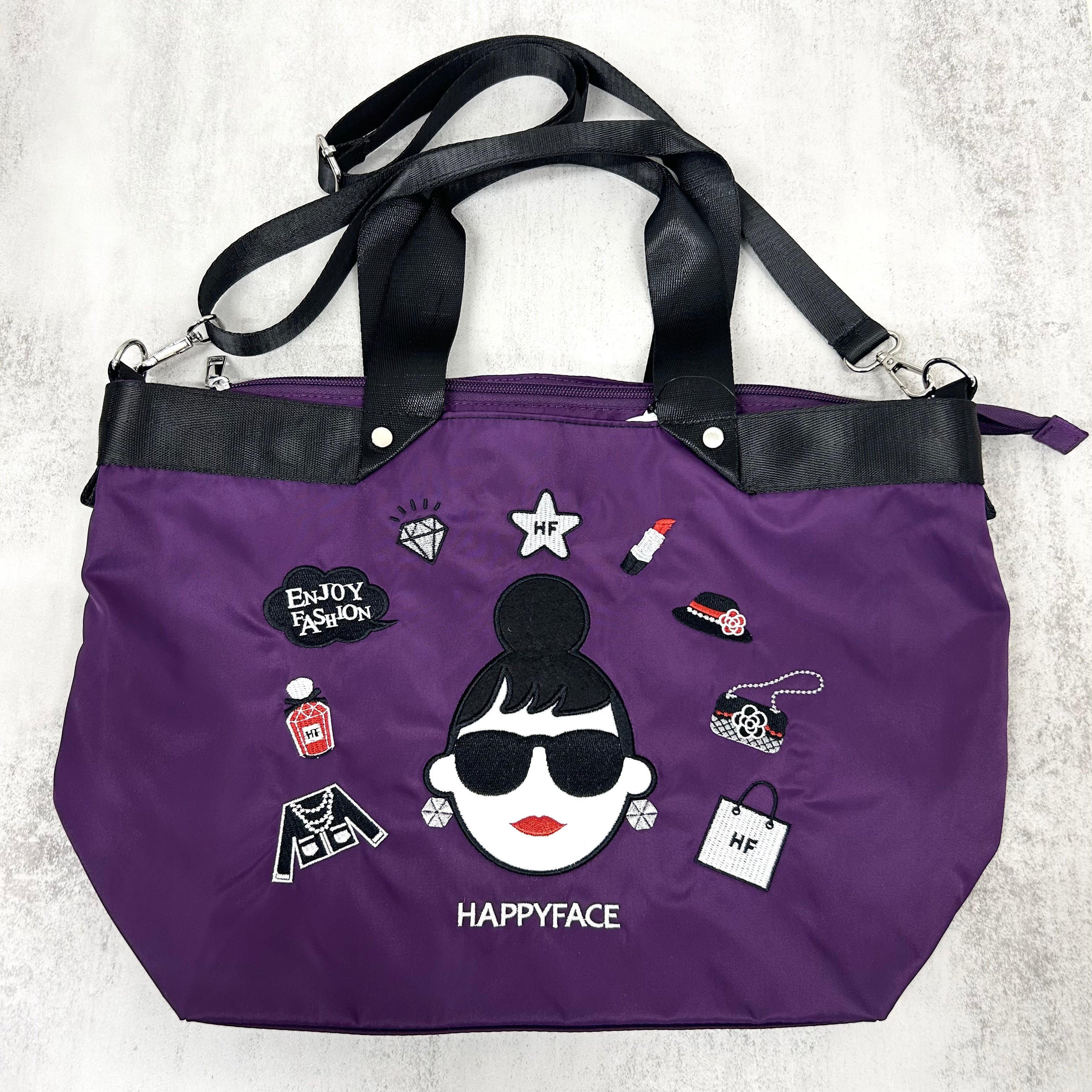 【HAPPYFACE】エマ フェイス刺繍2wayショルダートートバッグ(大)　パープル　※5/14〜20頃より順次発送予定