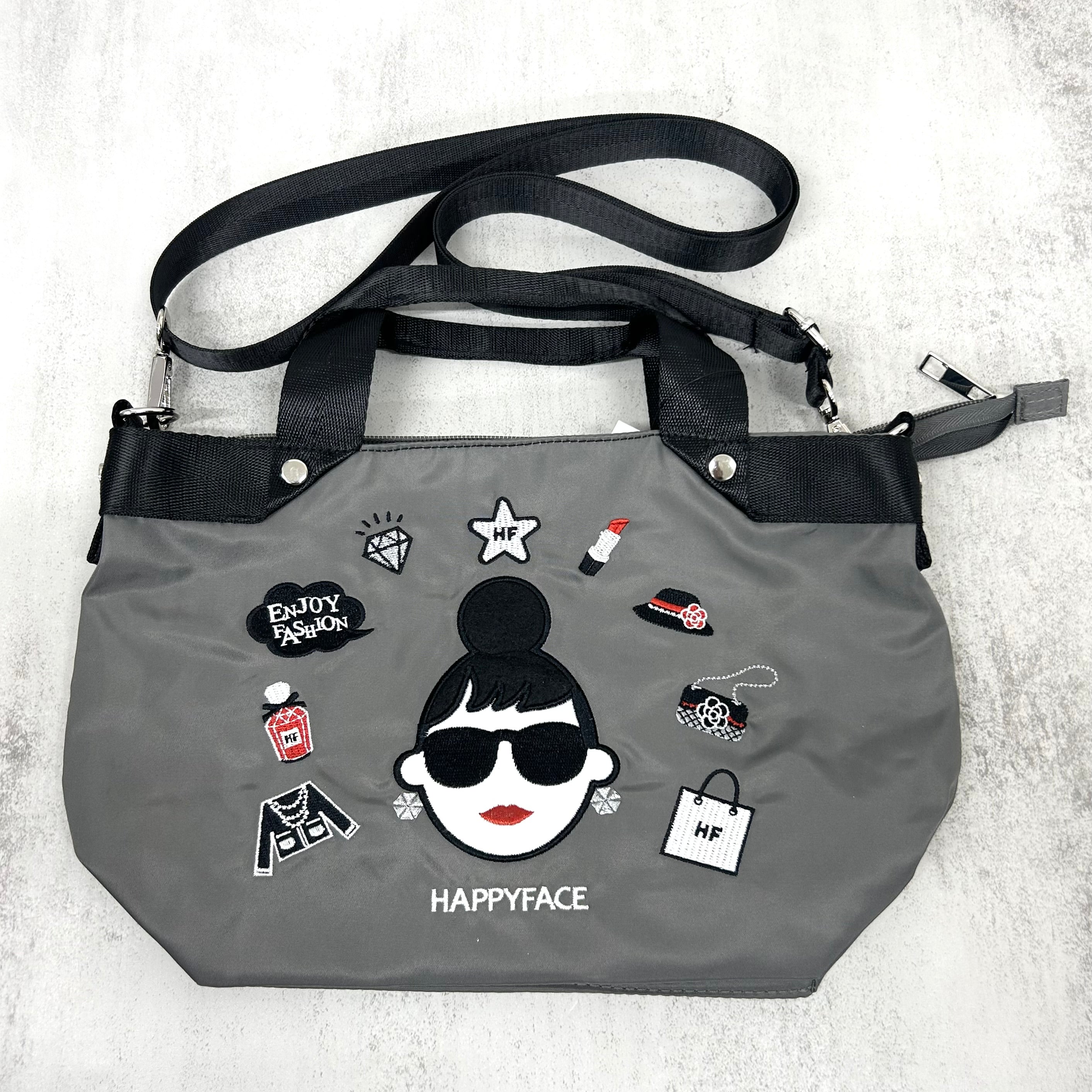 【HAPPYFACE】エマ フェイス刺繍2wayショルダーバッグ(小)　グレー　※10/22〜28より順次配送