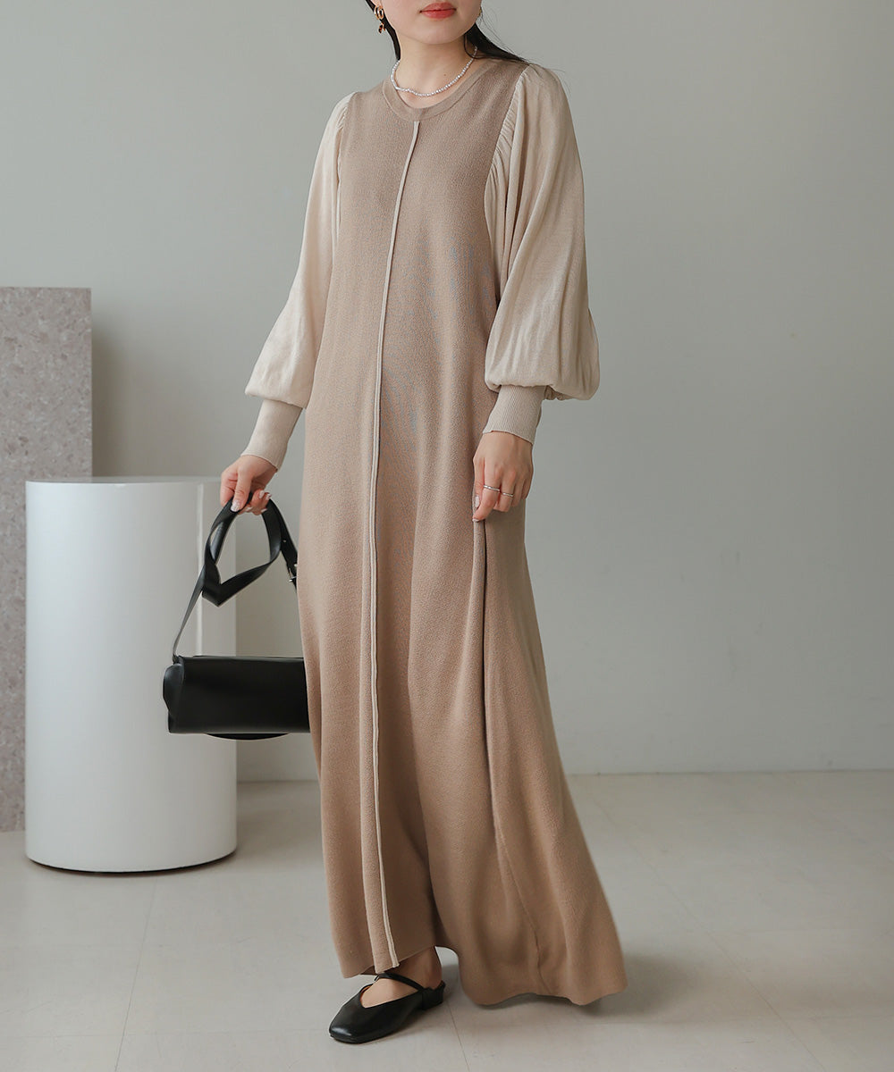 【Bab】COLOR COMBINATION KNIT ONEPIECE　P.ベージュ FREEサイズ　※3/5~11より順次発送予定