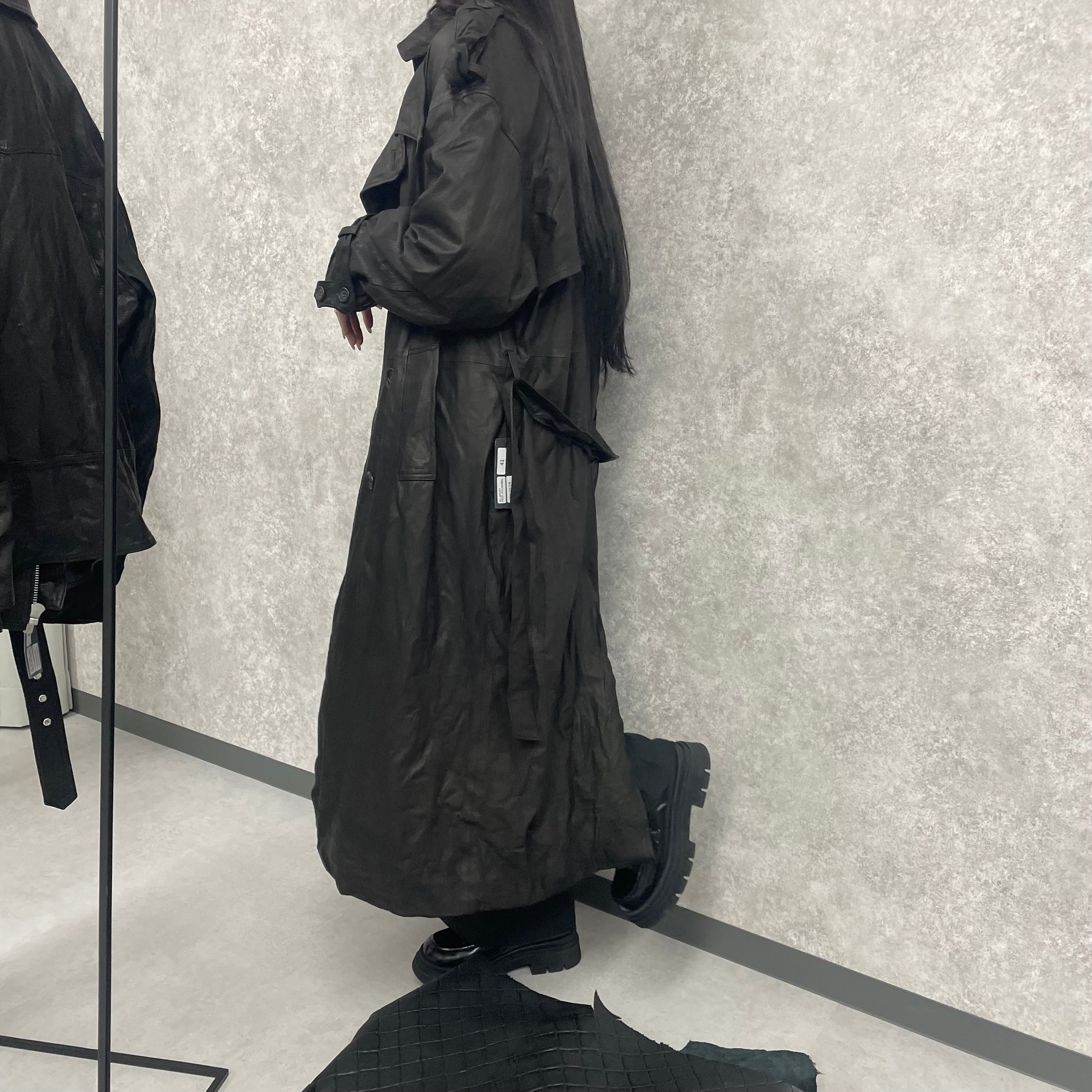 【M.U.L.】トレンチコート  ブラック ソフトダメージオイルレザー 洗い加工 ※4/22~26順次発送予定