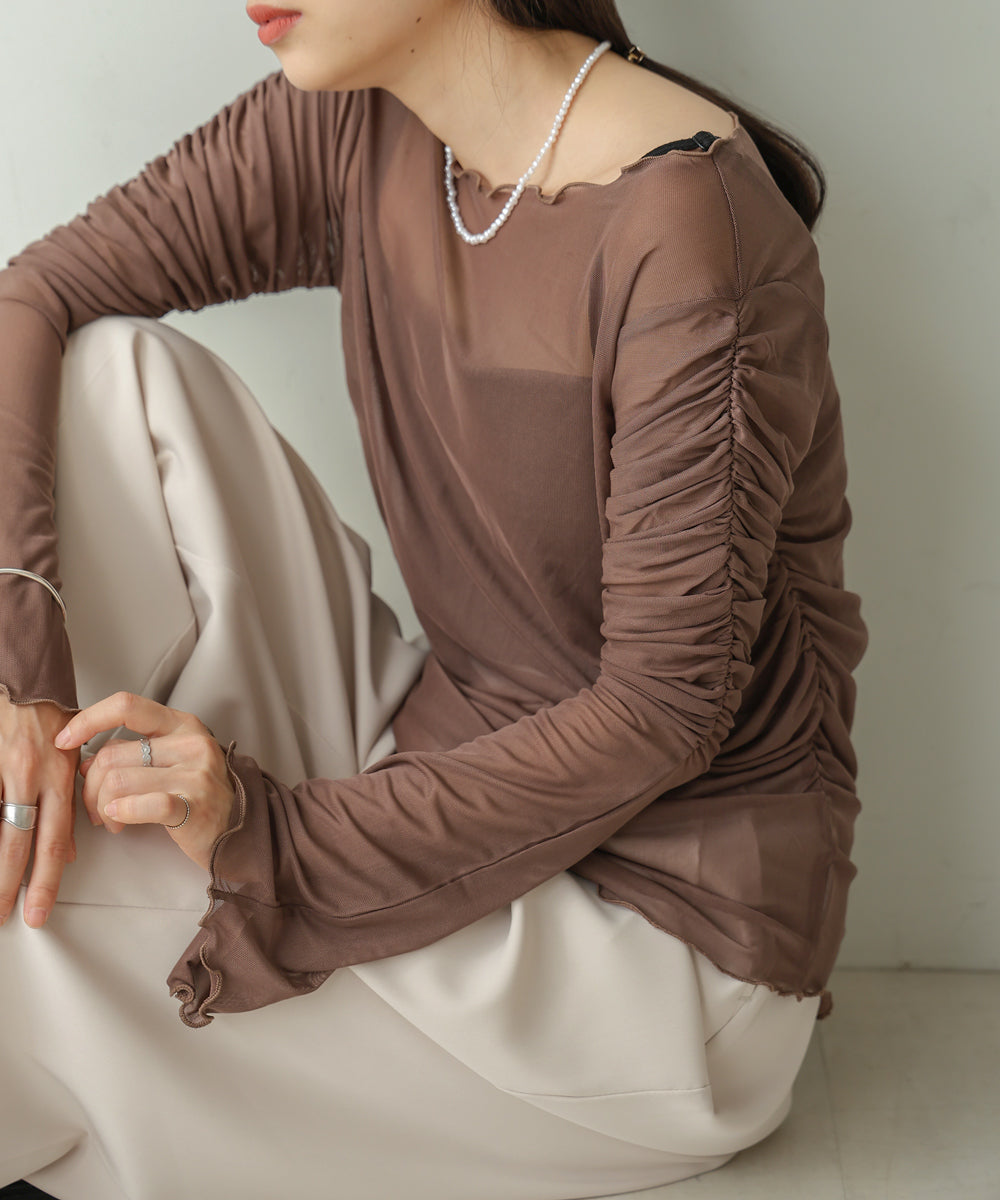 【Bab】TULLE GATHER TOPS　ブラウン