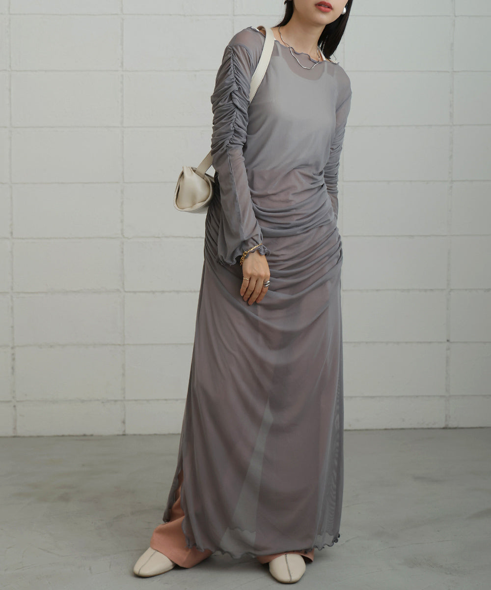 【Bab】TULLE GATHER ONEPIECE　グレー