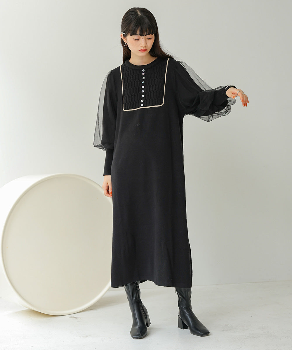 【Bab】SLEEVE TULLE COLOR SCHEME LINE KNIT ONEPIECE　ブラック　Mサイズ　※3/5~11より順次発送予定