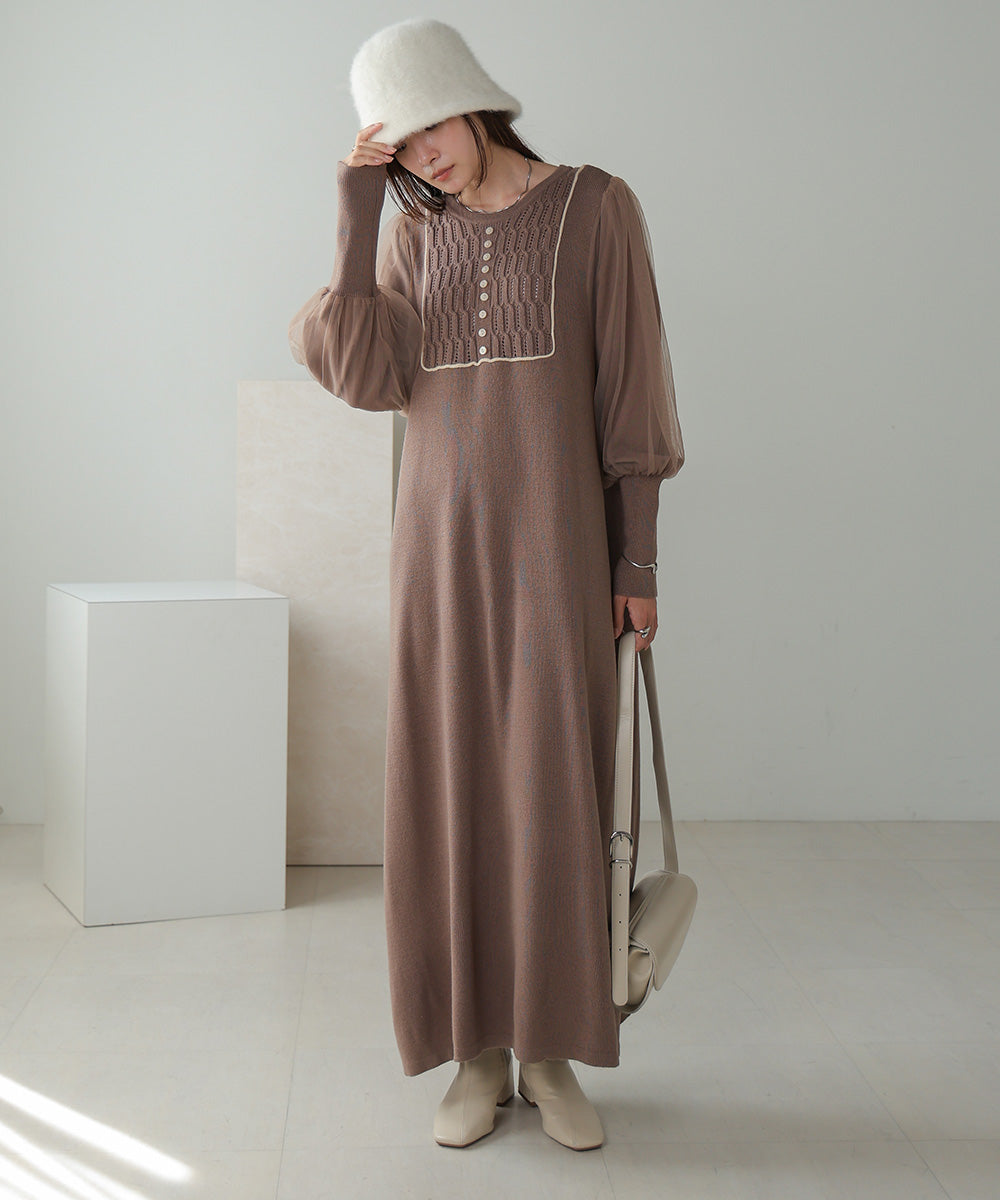 【Bab】SLEEVE TULLE COLOR SCHEME LINE KNIT ONEPIECE　モカ　Mサイズ　※3/5~11より順次発送予定