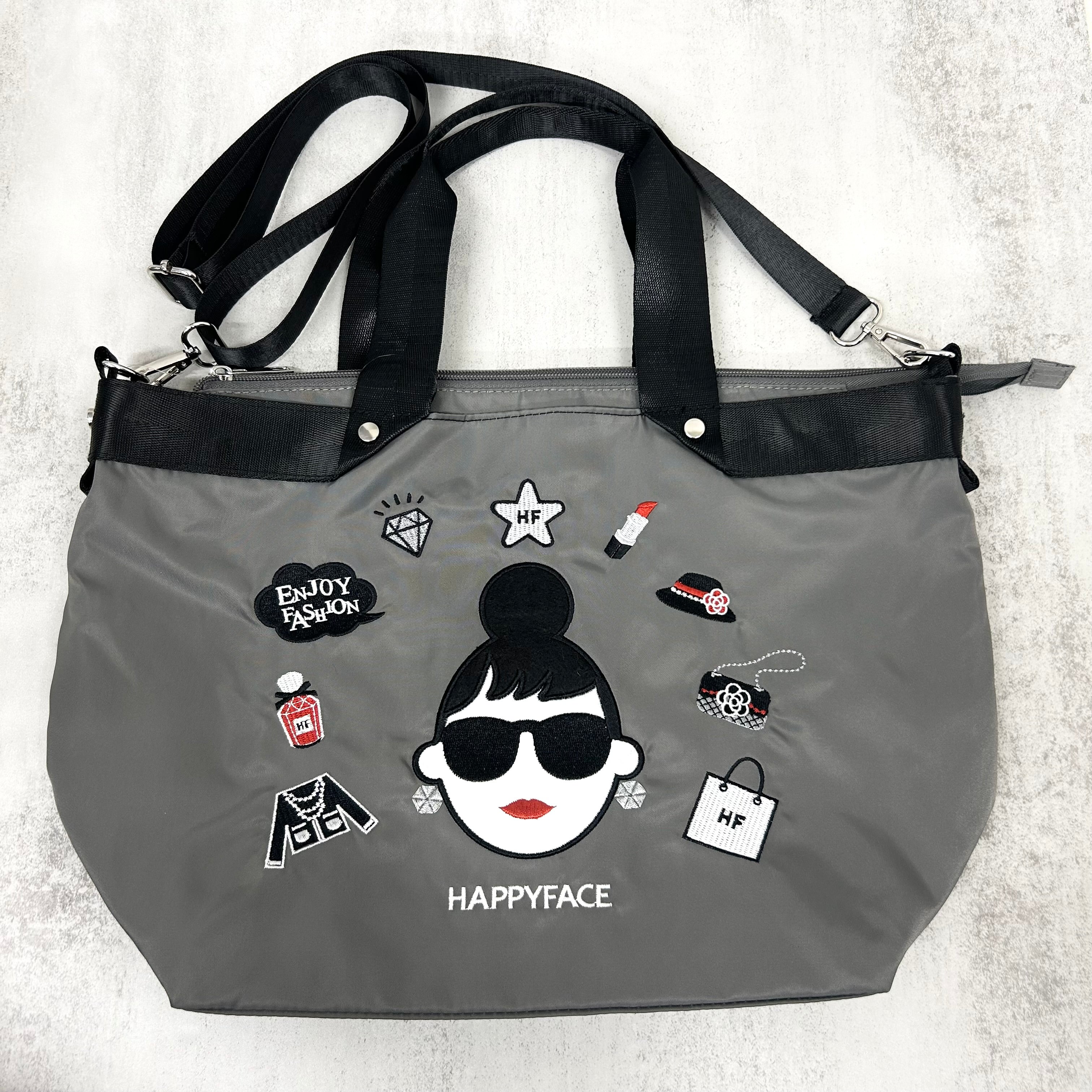 【HAPPYFACE】エマ フェイス刺繍2wayショルダートートバッグ(大)　グレー　※5/14〜20頃より順次発送予定