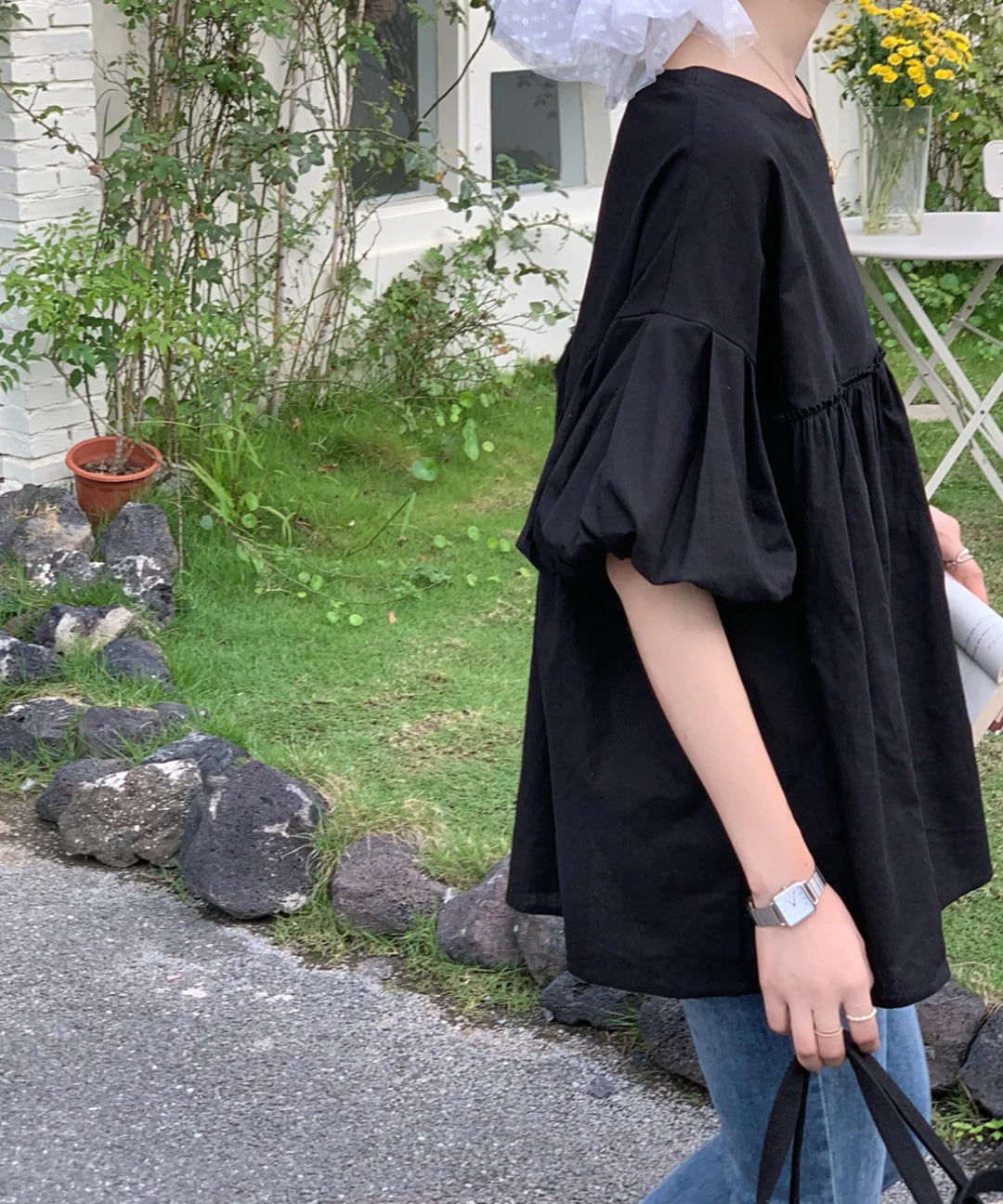 【ABITOKYO】フロントギャザーチュニックブラウス ブラック ※5/28-6/3より順次発送