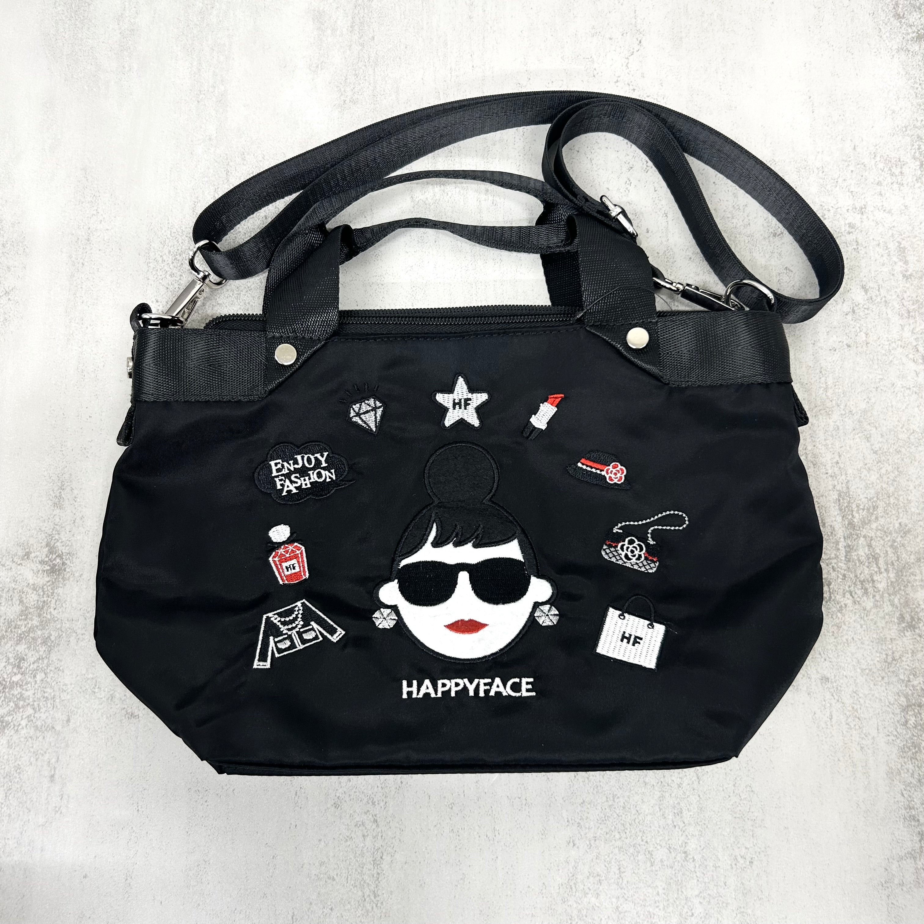 【HAPPYFACE】エマ フェイス刺繍2wayショルダーバッグ(小)　ブラック　※10/22〜28より順次配送