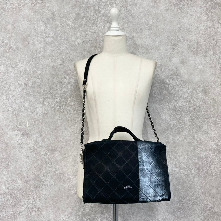 【MUL106-WH】キューブショルダー デニムレザーキルティング(ブラック) ホワイトライン　※10/29〜11/2より弊社事務所から順次発送