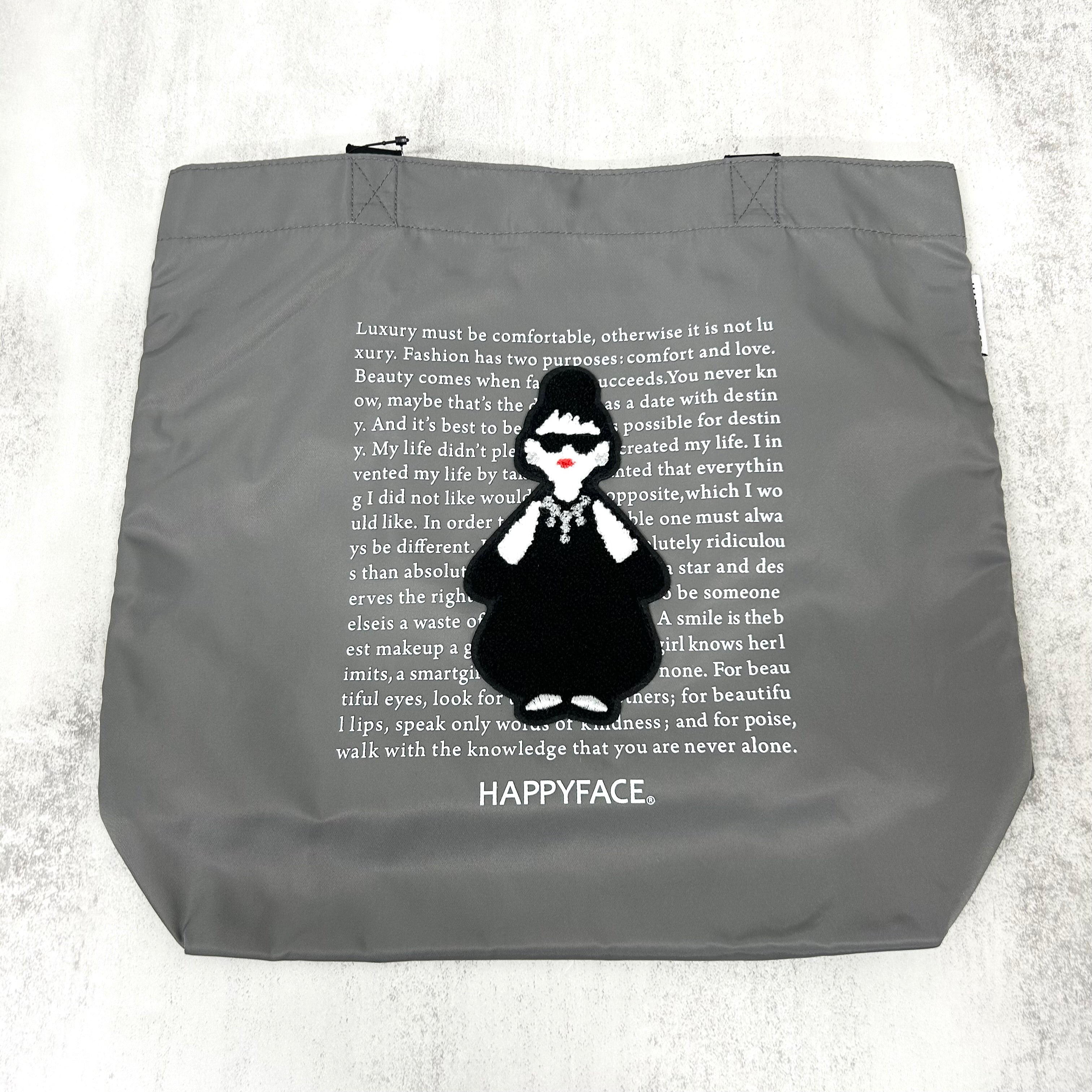 【HAPPYFACE】エマ モコモコ刺繡ナイロントートバッグ　グレー　※10/22〜28より順次配送