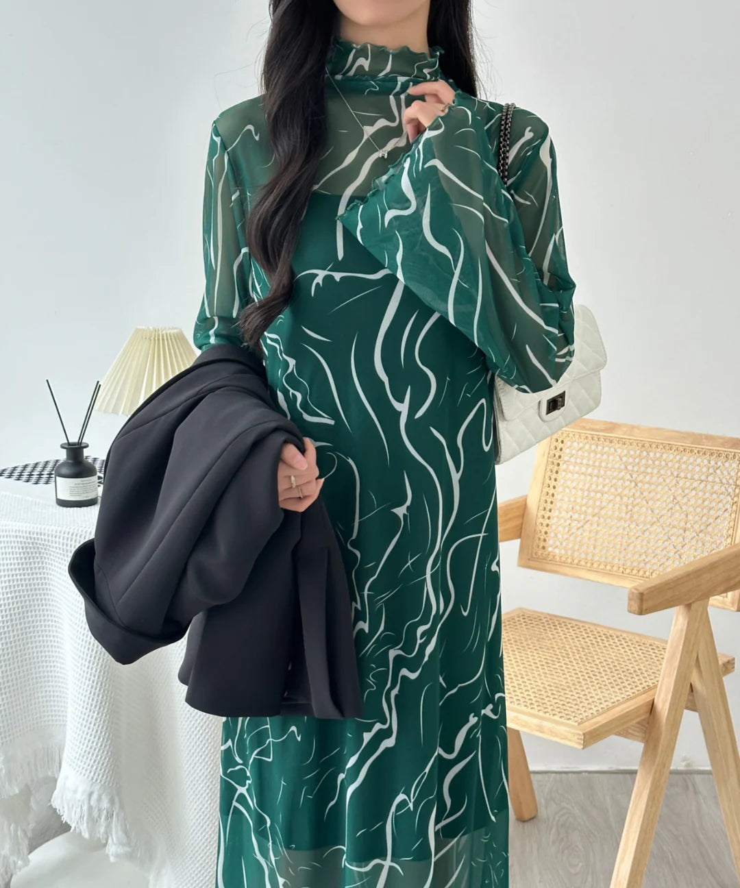 【ABITOKYO】インナーキャミ付きメロウシーズルメッシュシアーロングワンピース グリーン系その他 ※5/28-6/3より順次発送