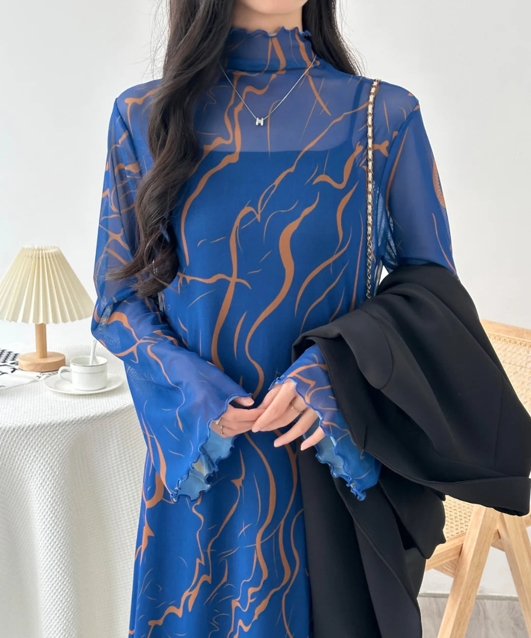 【ABITOKYO】インナーキャミ付きメロウシーズルメッシュシアーロングワンピース ブルー系その他 ※5/28-6/3より順次発送