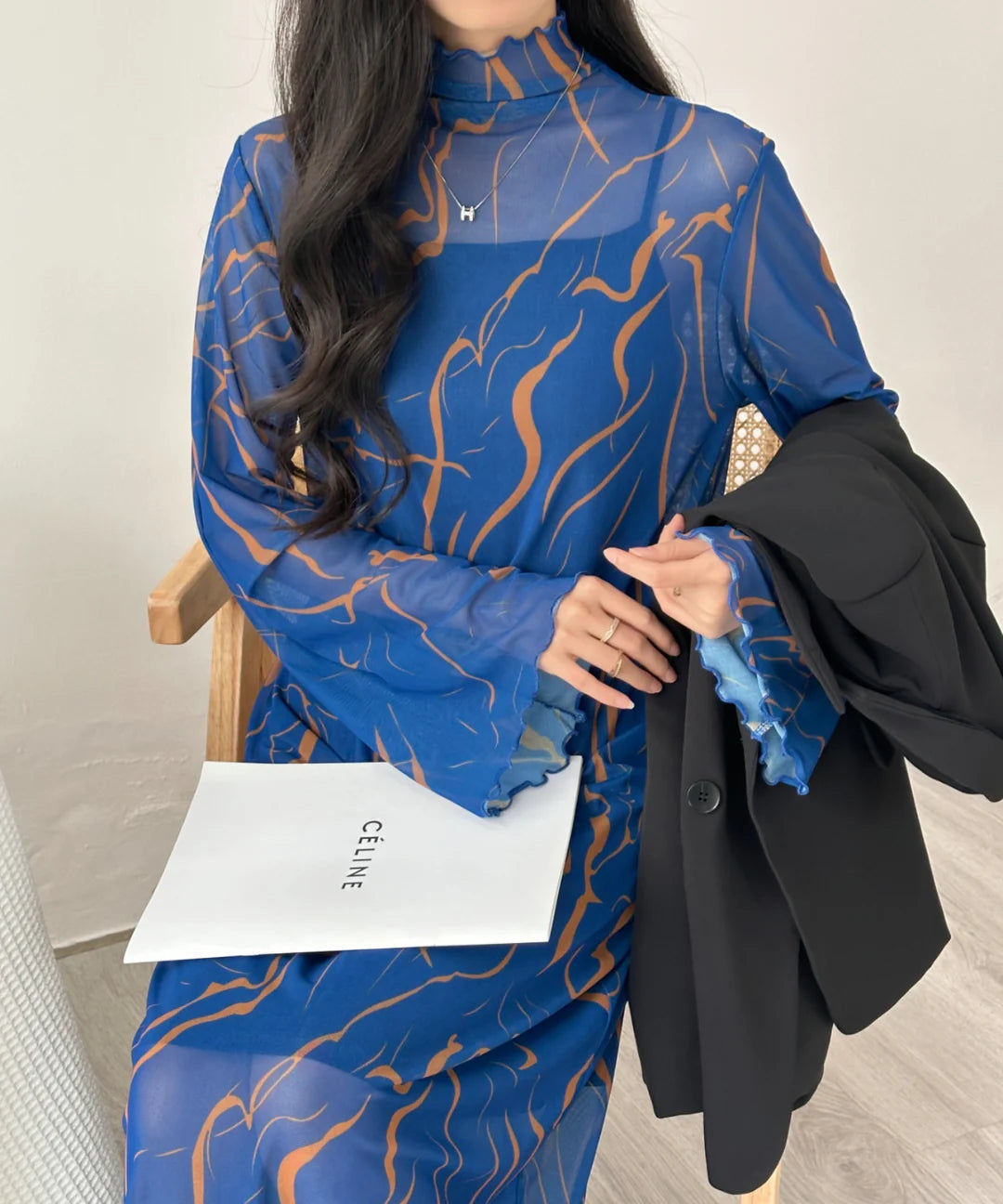 【ABITOKYO】インナーキャミ付きメロウシーズルメッシュシアーロングワンピース ブルー系その他 ※5/28-6/3より順次発送