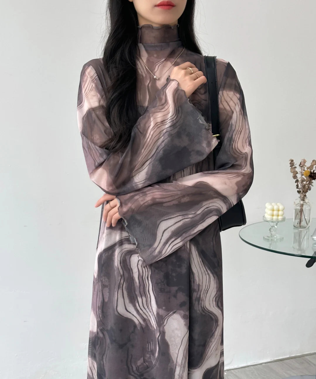 【ABITOKYO】インナーキャミ付きメロウシーズルメッシュシアーロングワンピース ブラウン系その他 ※5/28-6/3より順次発送