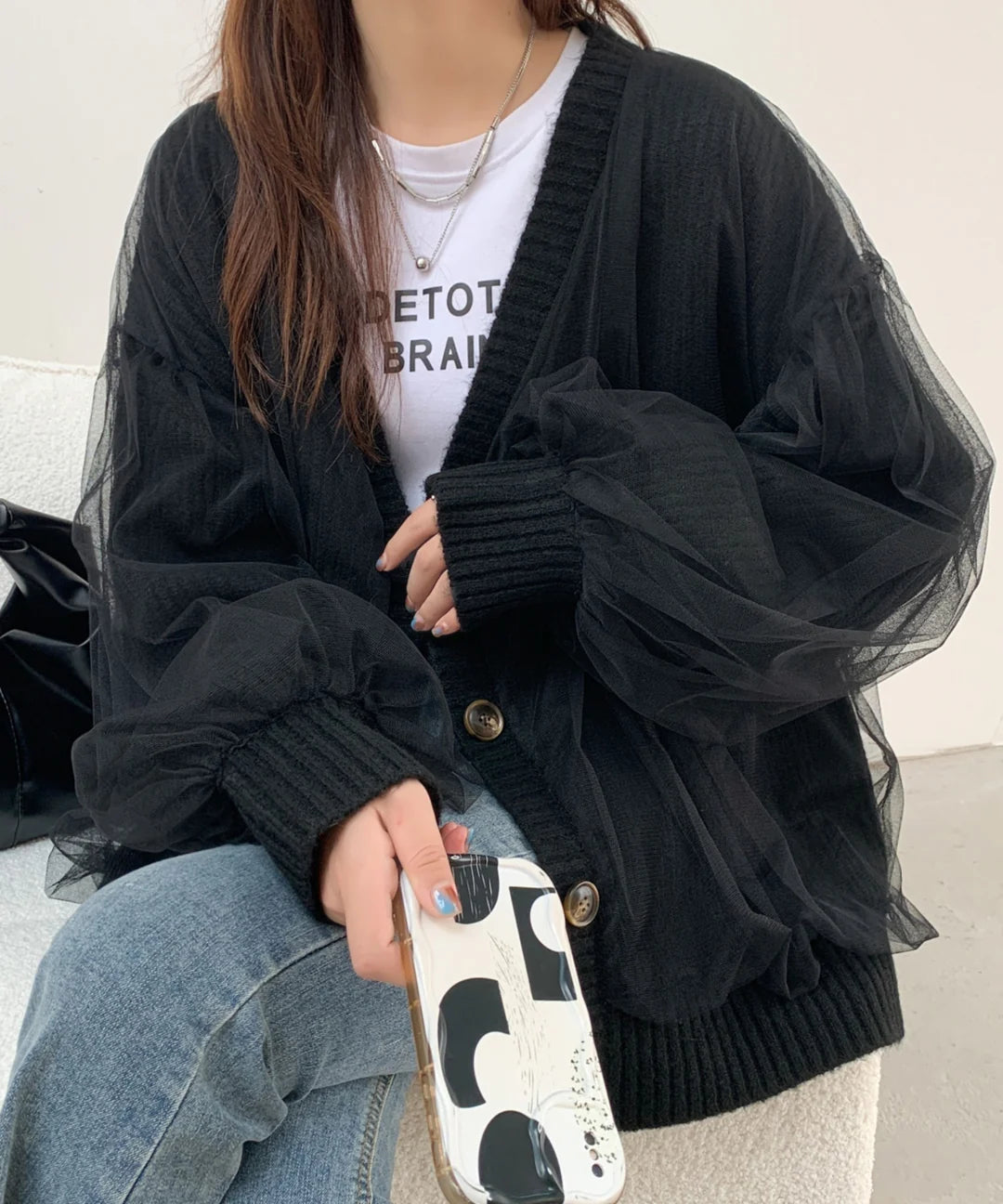 【ABITOKYO】ボリュームスリーブ シアードッキングニットカーディガン ブラック ※5/28-6/3より順次発送