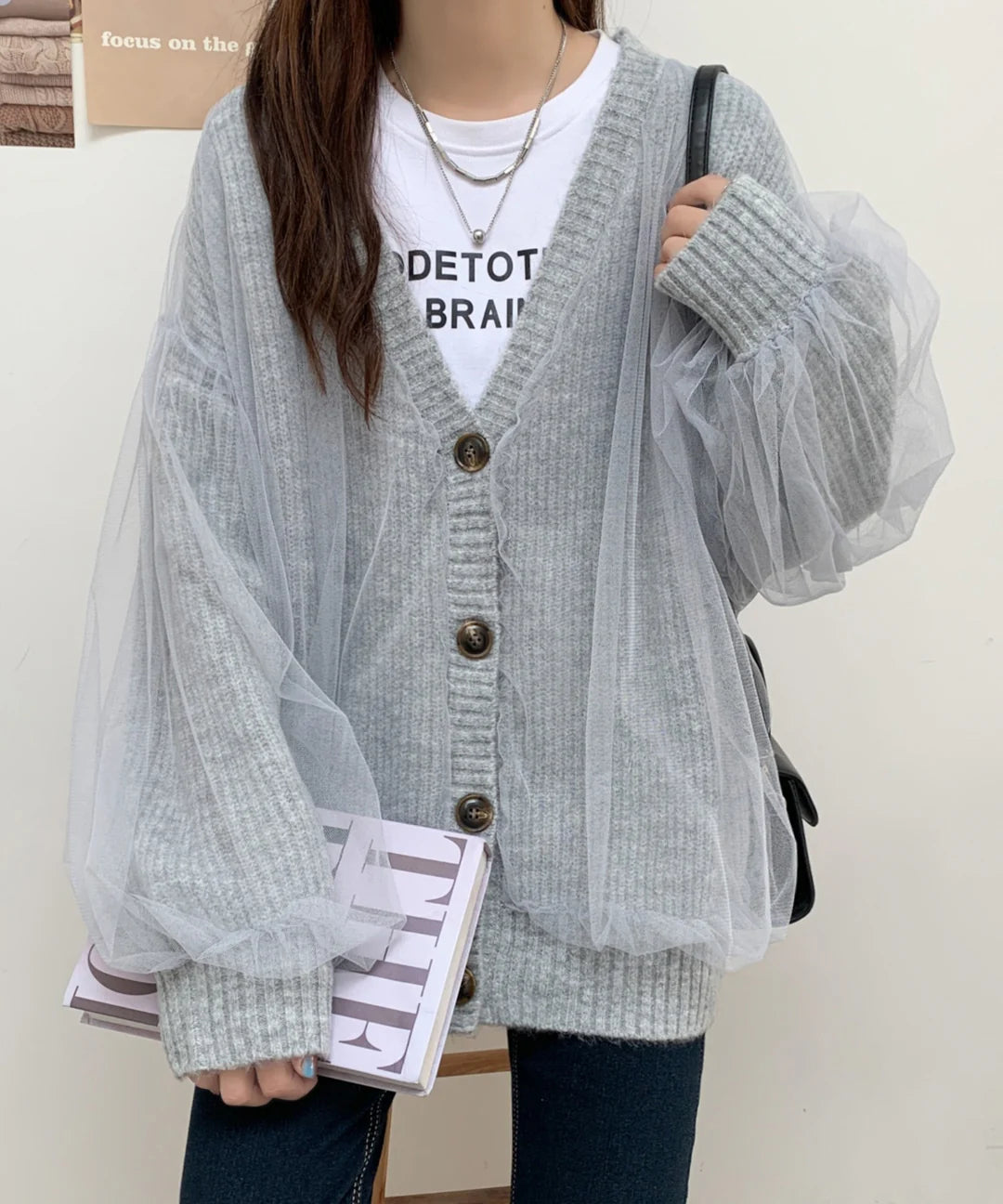 【ABITOKYO】ボリュームスリーブ シアードッキングニットカーディガン グレー ※5/28-6/3より順次発送