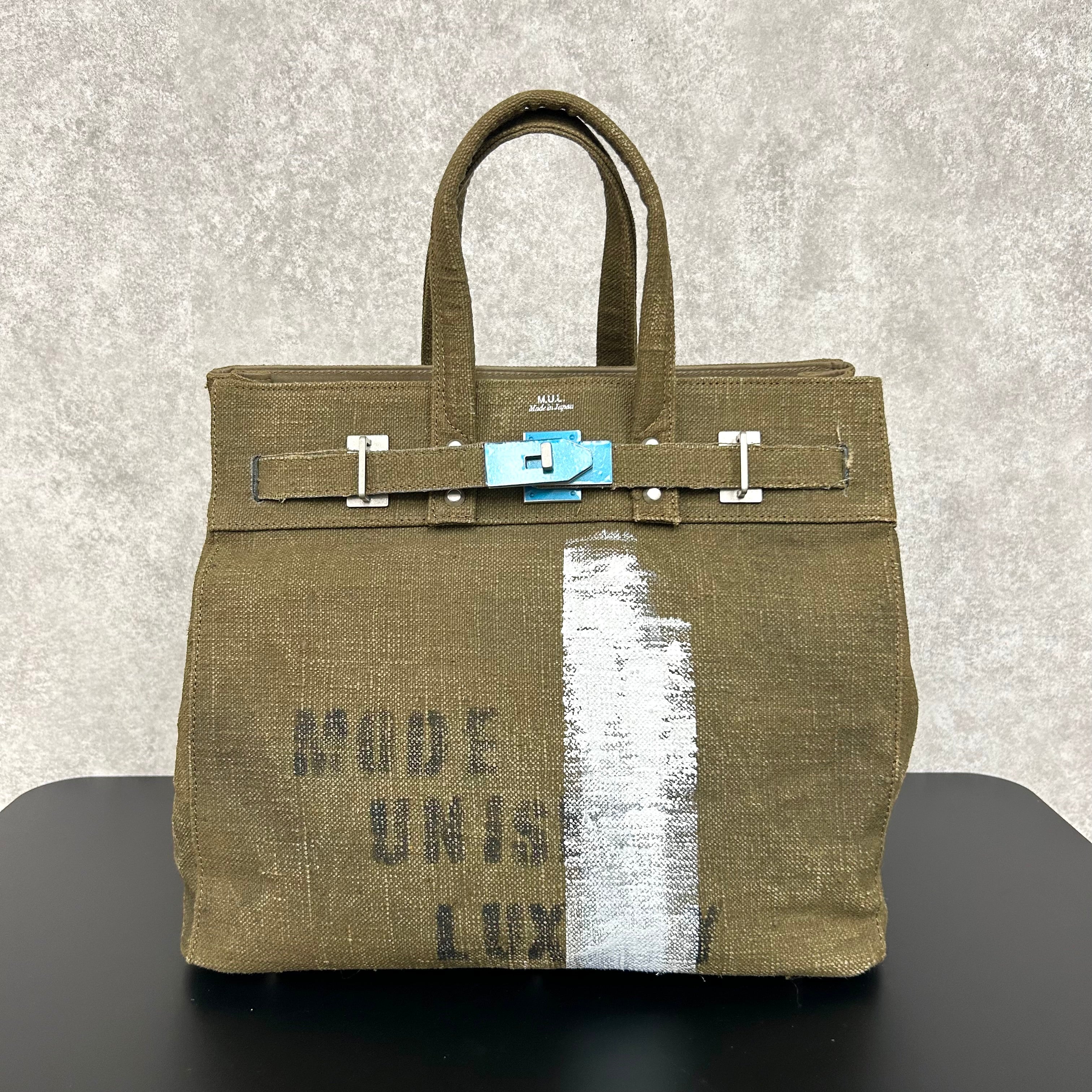 【MUL064】stud series tote　M　 vintage remake fabic　カーキ　ペイントあり　ホワイトライン入り[2箇所]　※7/2〜7/12より事務所から順次発送予定