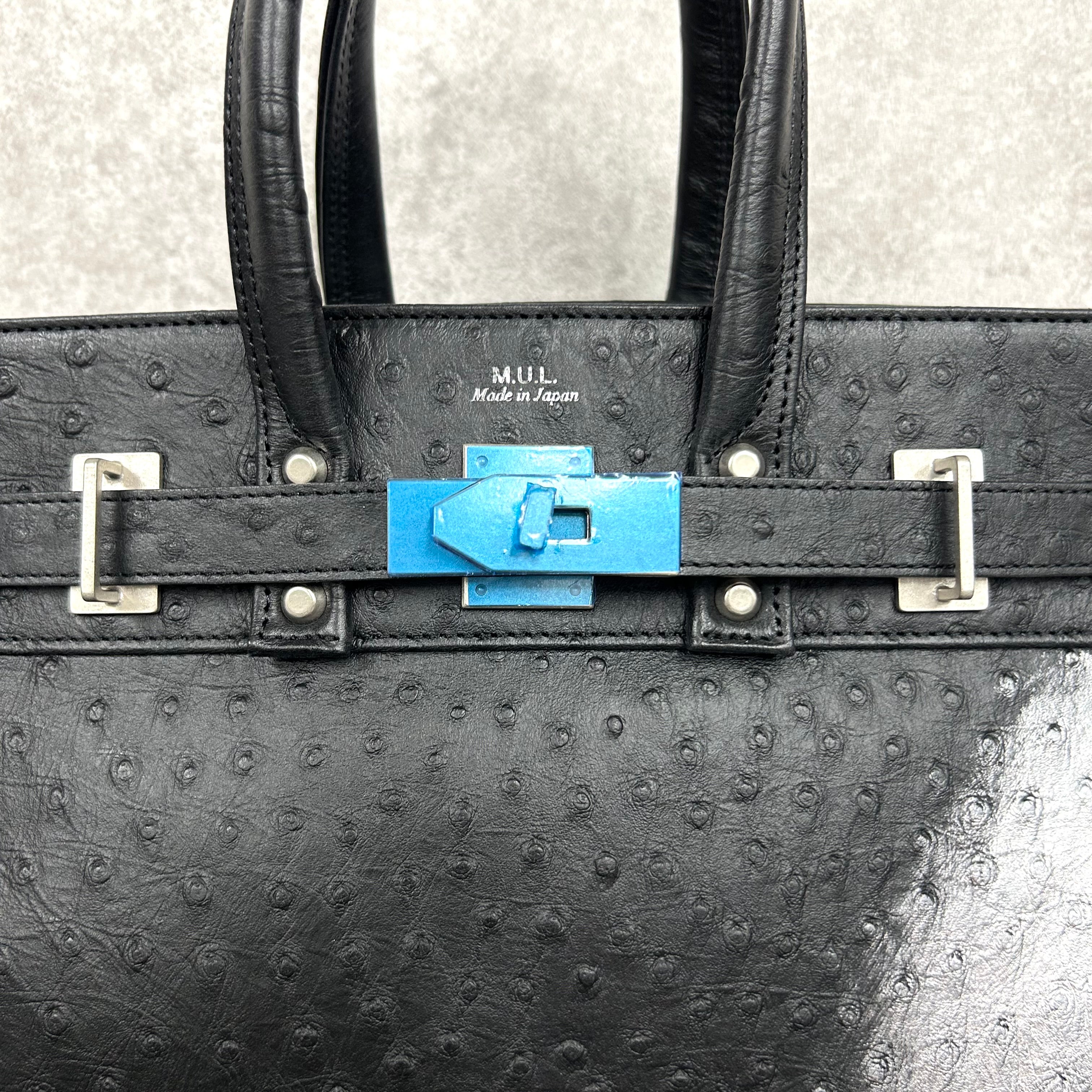 【MUL064】stud series トート　M　 - ブラック-　オーストリッチ型押し　シルバーライン入り 　※7/2〜7/12より事務所から順次発送予定