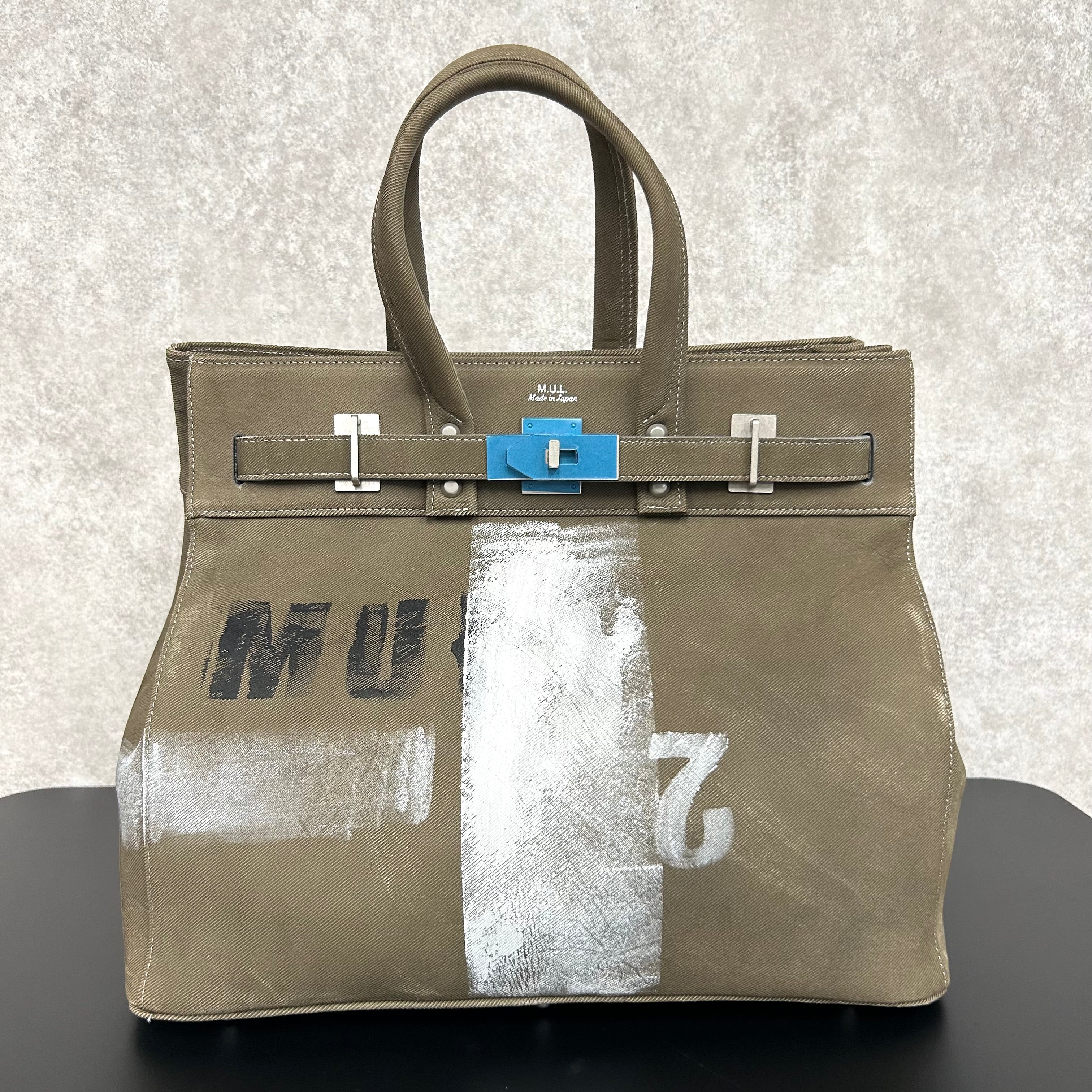 【MUL064】stud series tote　M　 デニムレザー　カーキ　ペイントあり　ホワイトライン入り　※7/2〜7/12より事務所から順次発送予定