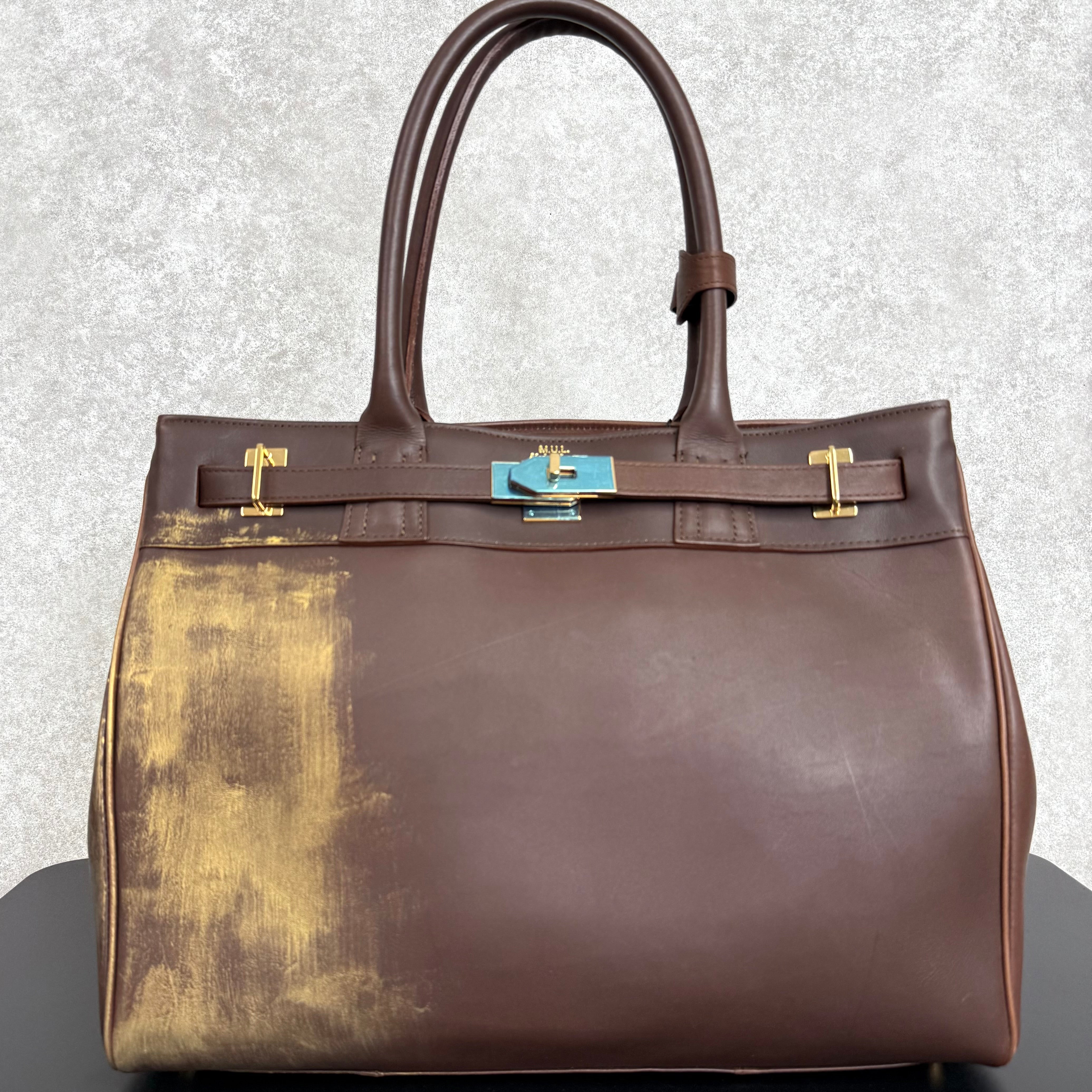 【MUL006】トートM　-ブラウン-　オイルレザー　ゴールド金具　ゴールドライン入り　※7/2〜7/12より事務所から順次発送予定