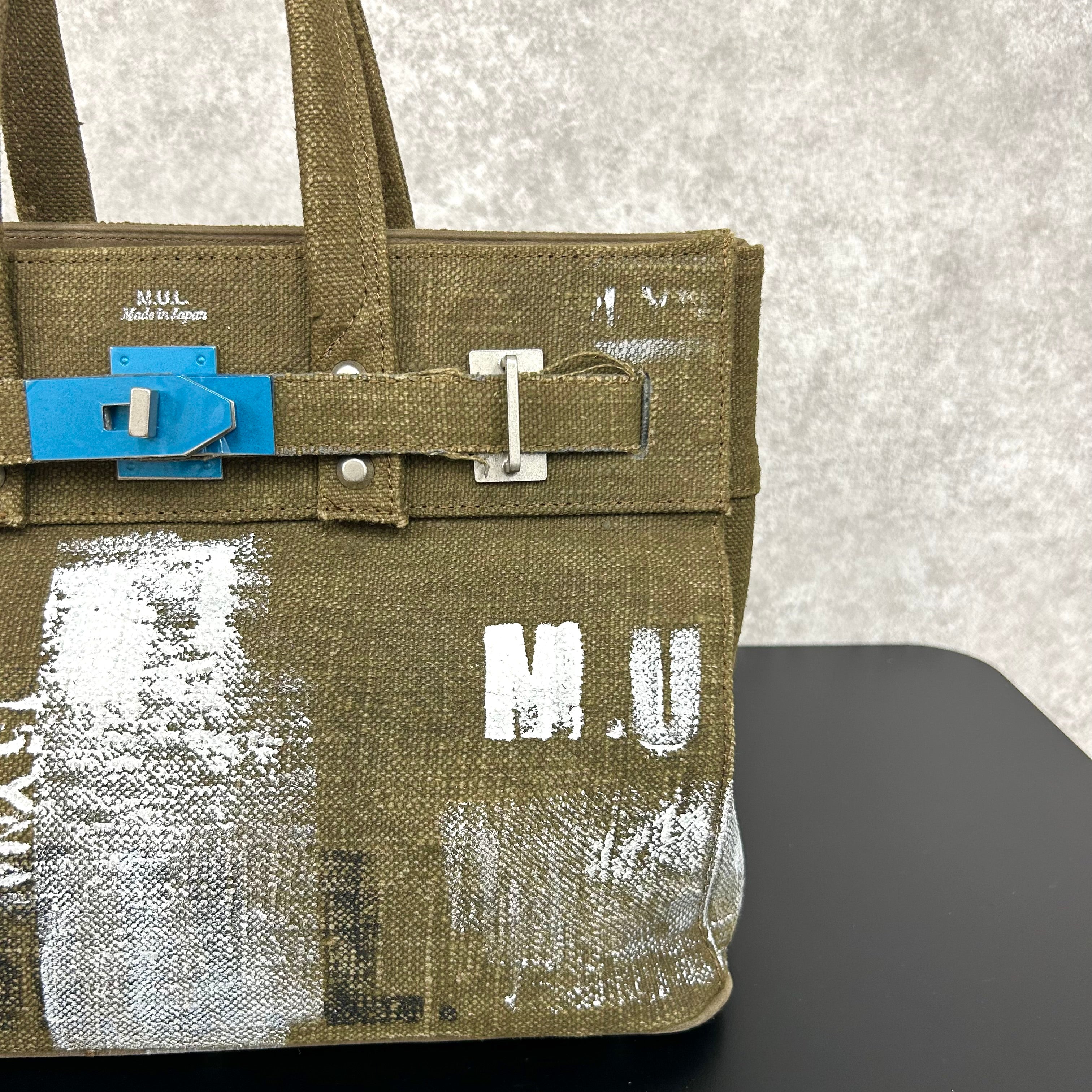 【MUL063】stud series tote S vintage remake fabic　カーキ　ペイント有り　ホワイトライン入り　※7/2〜7/12より事務所から順次発送予定