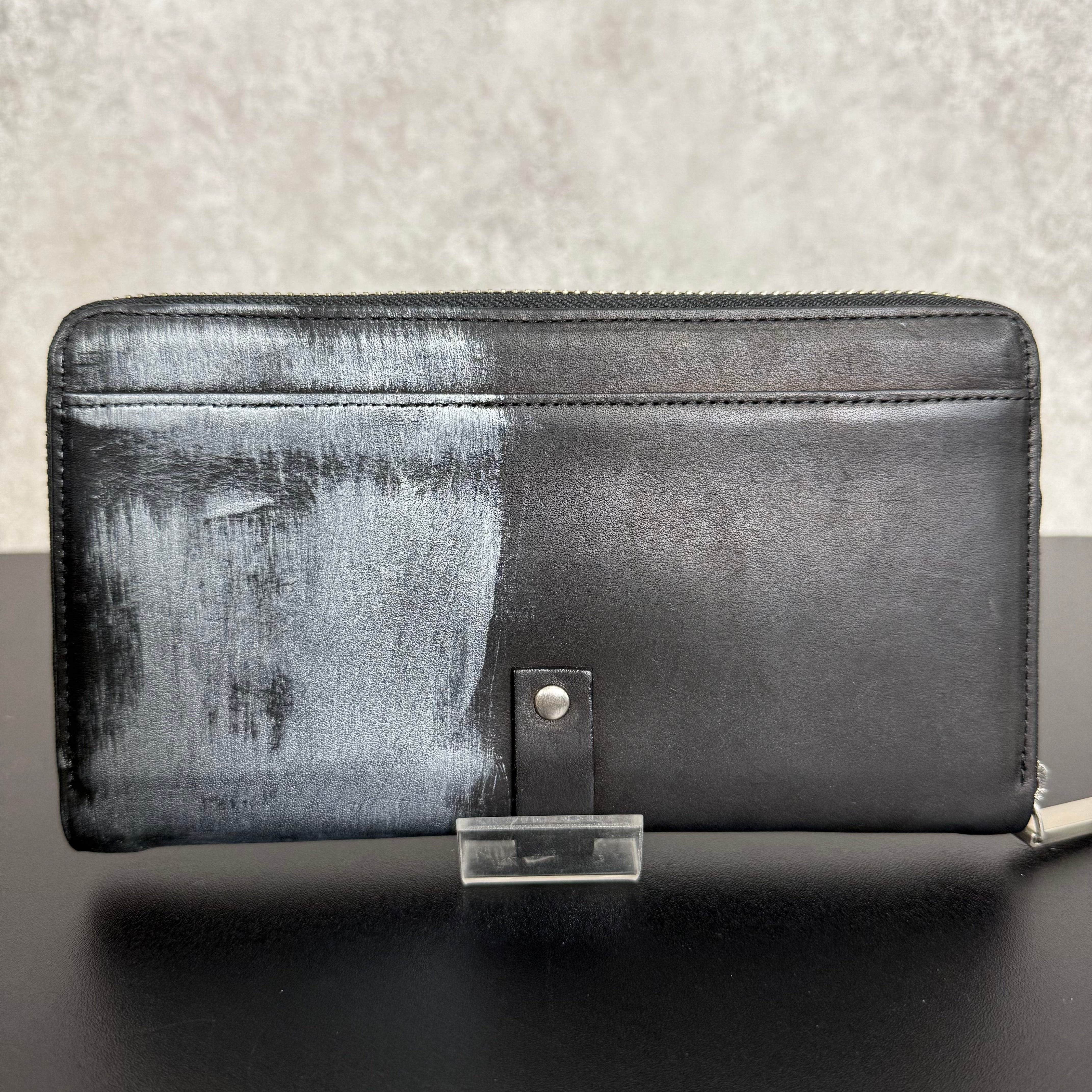 【MUL009】ラウンドロングウォレット　‐ブラック‐　オイルレザー　シルバー金具　シルバーライン入り　※7/2〜7/12より事務所から順次発送予定