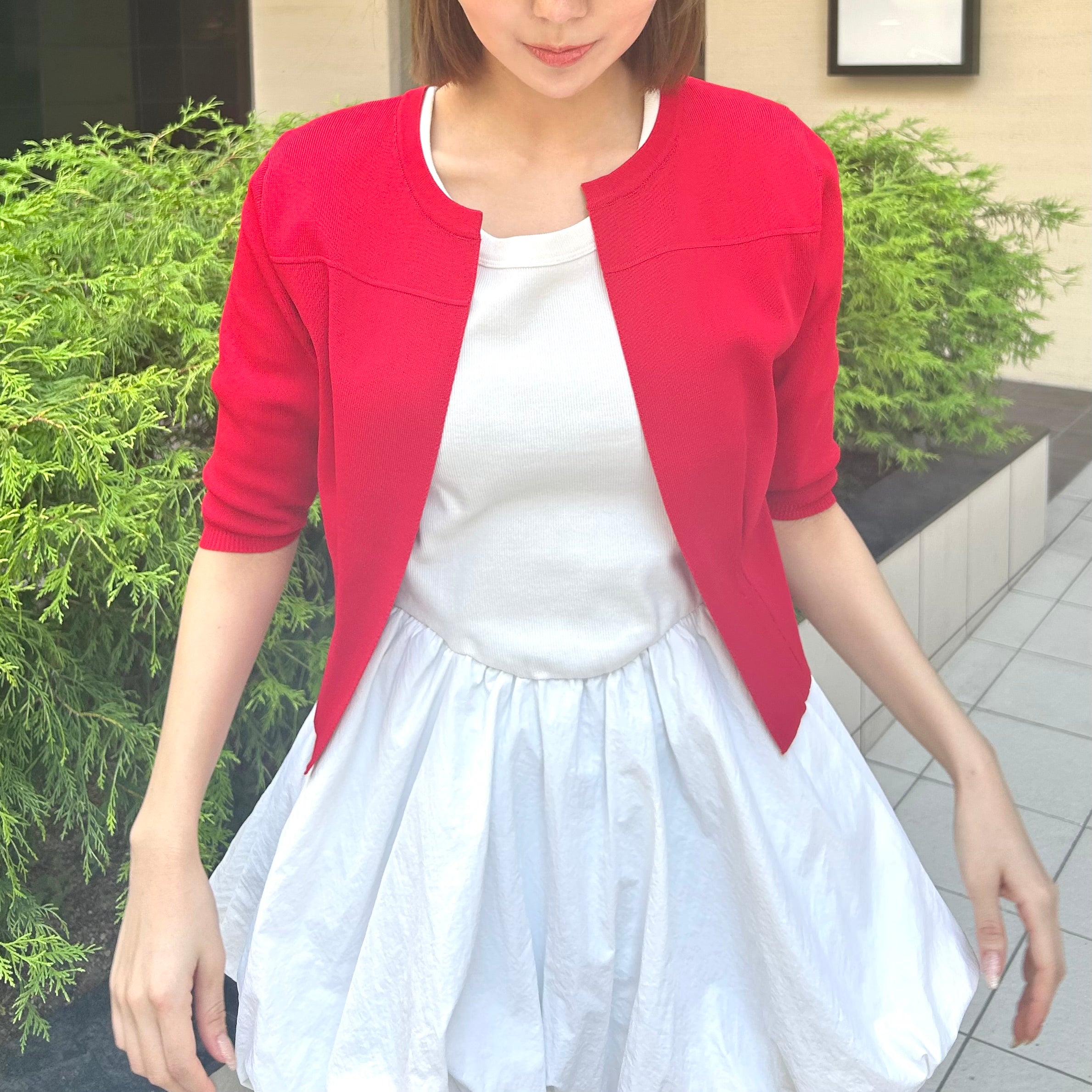 ５部袖タック入りカーディガン　-レッド-   ※8/6〜12迄に順次発送予定