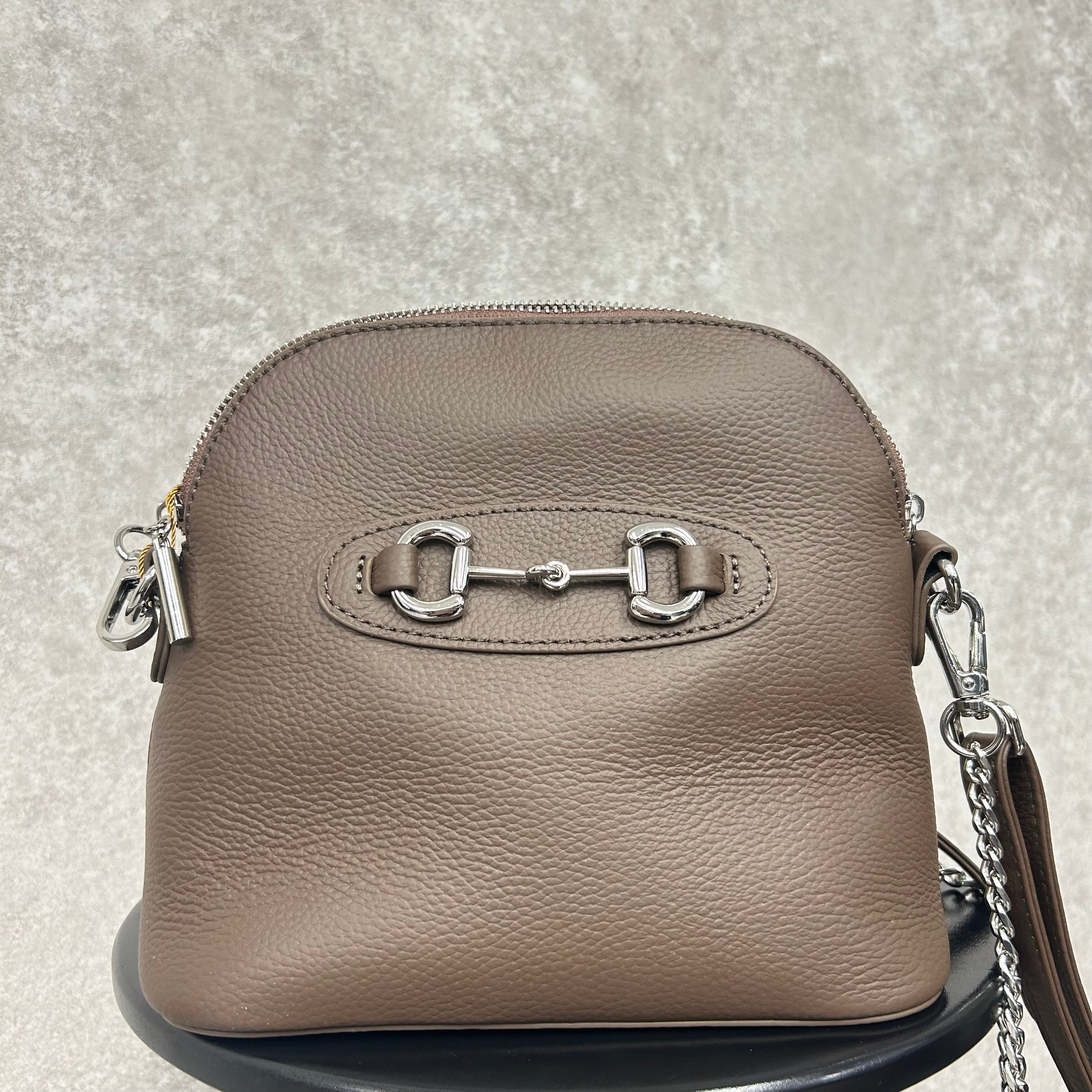 【本牛革】レザー ショルダーバッグ ビット金具 -チャコールブラウン-　※3/12-18より順次発送予定