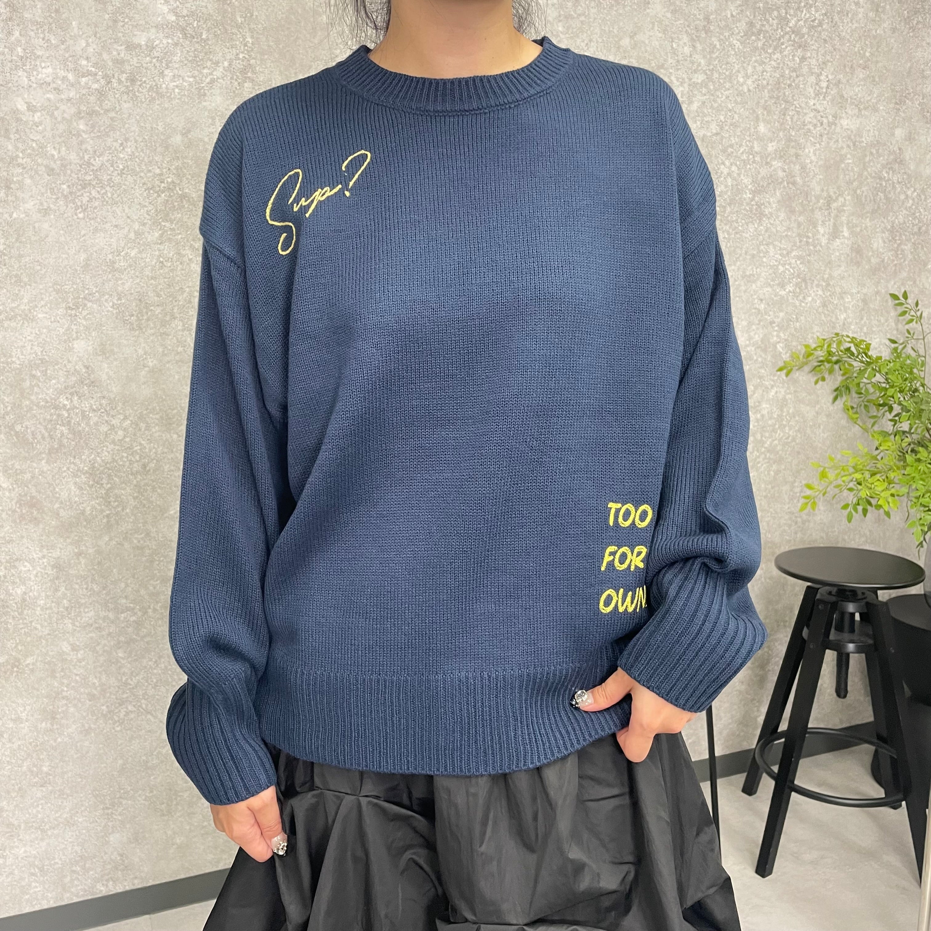 ロゴ刺繍ニットプルオーバー　ネイビー　※1/21-27頃より順次発送予定